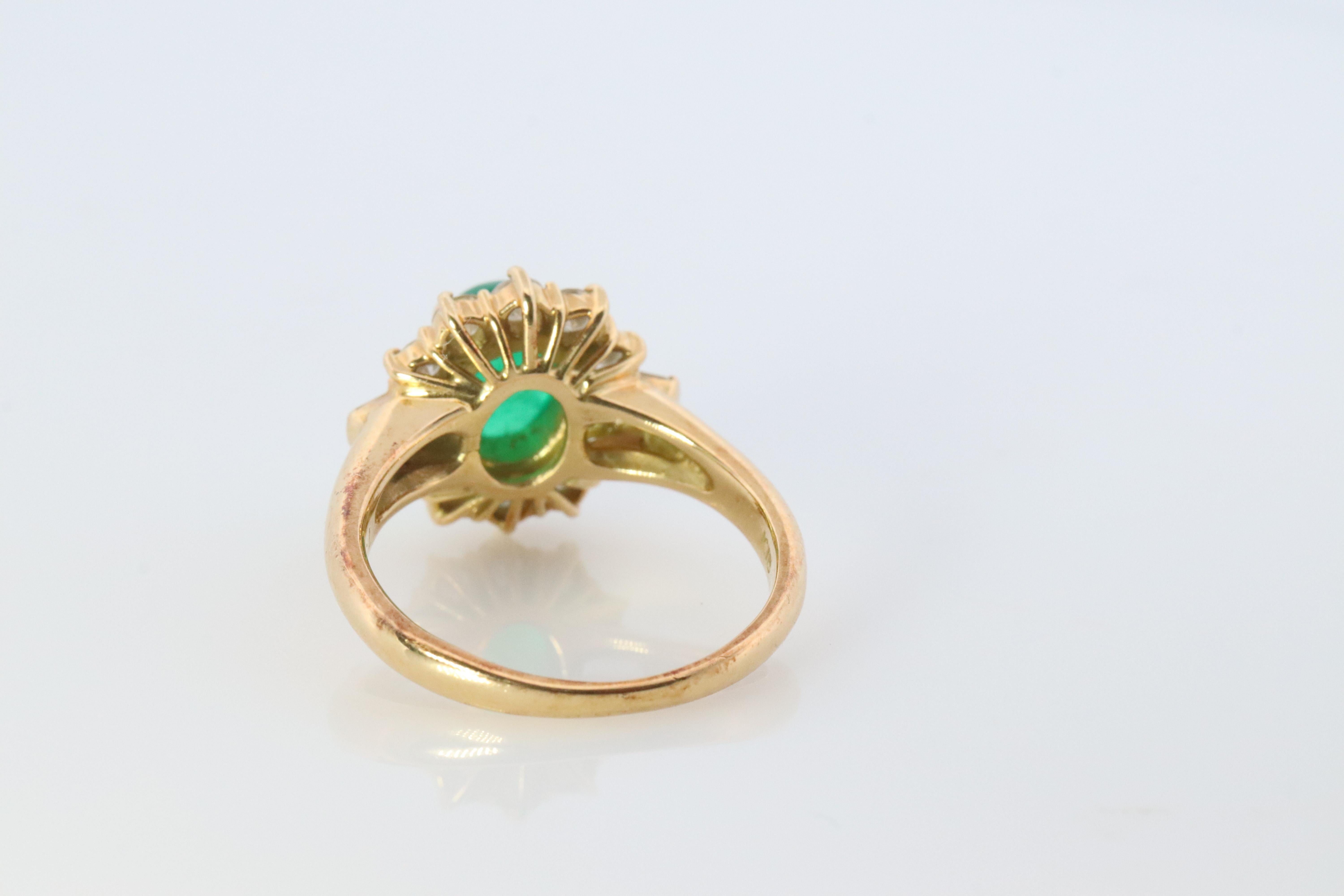 18k Emerald and Diamond Halo yellow gold ring. Natural Emerald Cabochon ring. For Sale 4
