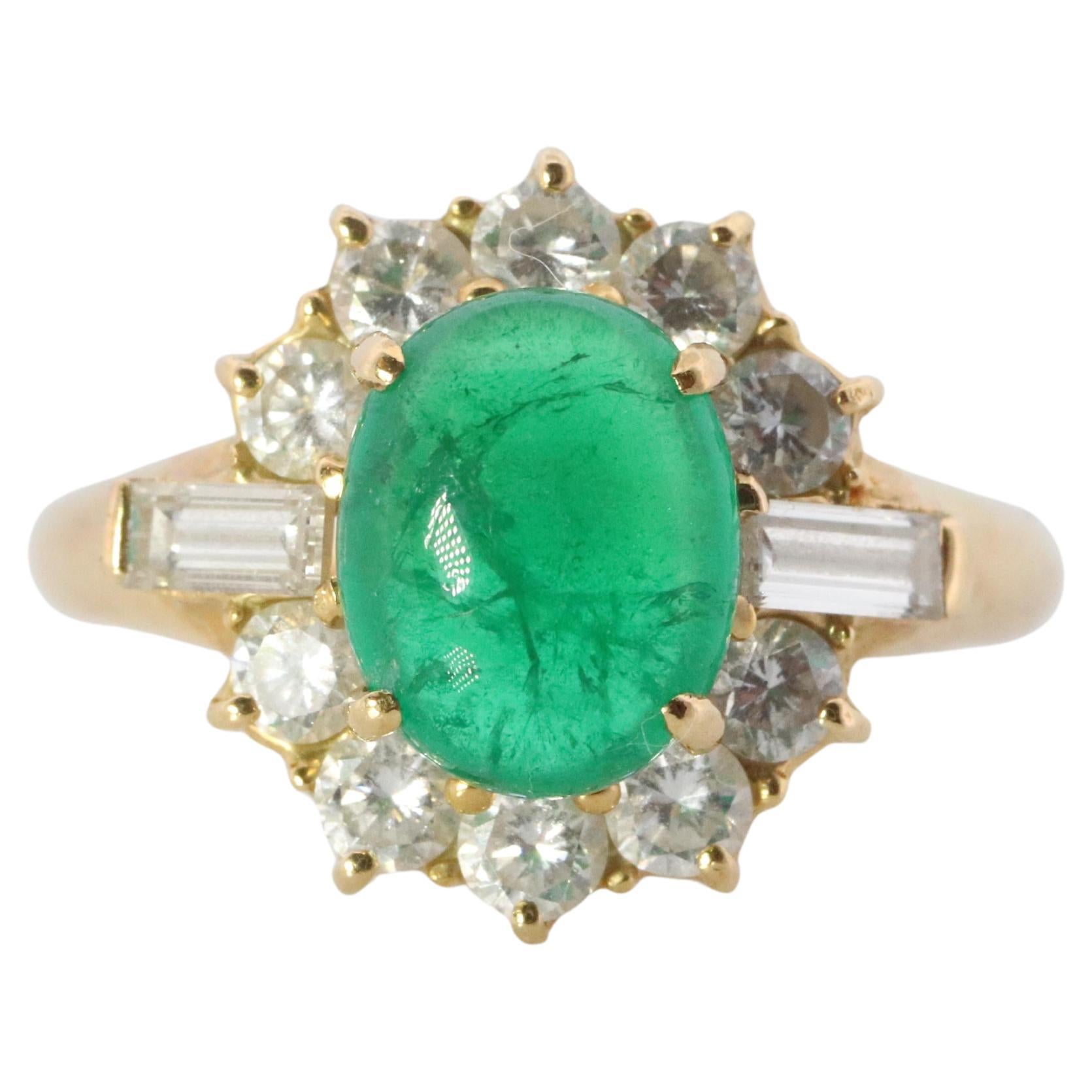 18k Emerald and Diamond Halo yellow gold ring. Natural Emerald Cabochon ring.