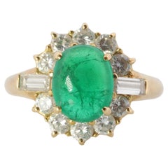 18k Emerald and Diamond Halo yellow gold ring. Natural Emerald Cabochon ring.