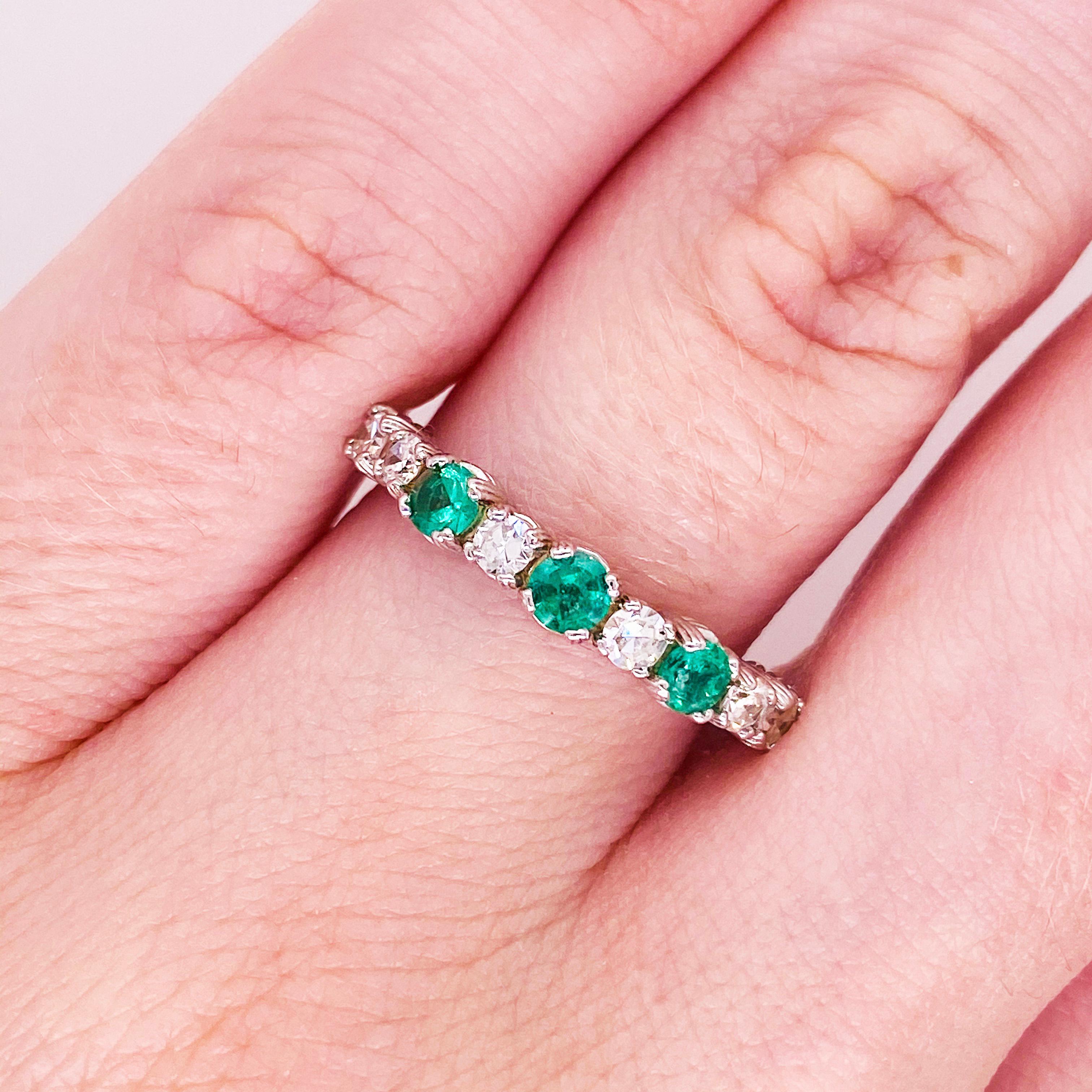 Vibrant emeralds and bright white diamonds have never looked better! This emerald and diamond band has genuine, natural emerald gemstones set in between bright white diamonds. The stones are set in an 18 karat white gold band that is a strong and