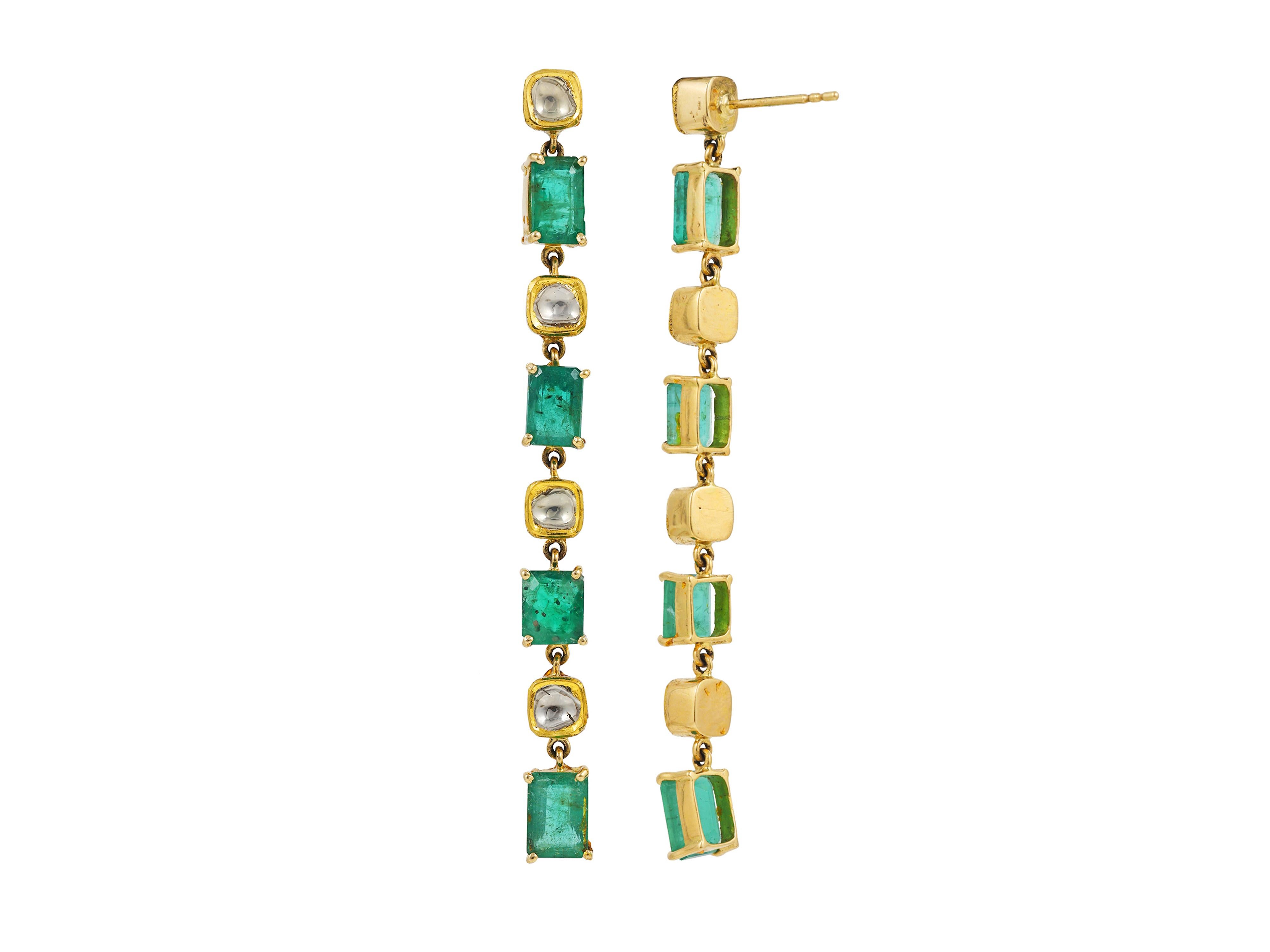 Emerald Cut 18K Emerald and uncut diamond slices earrings For Sale