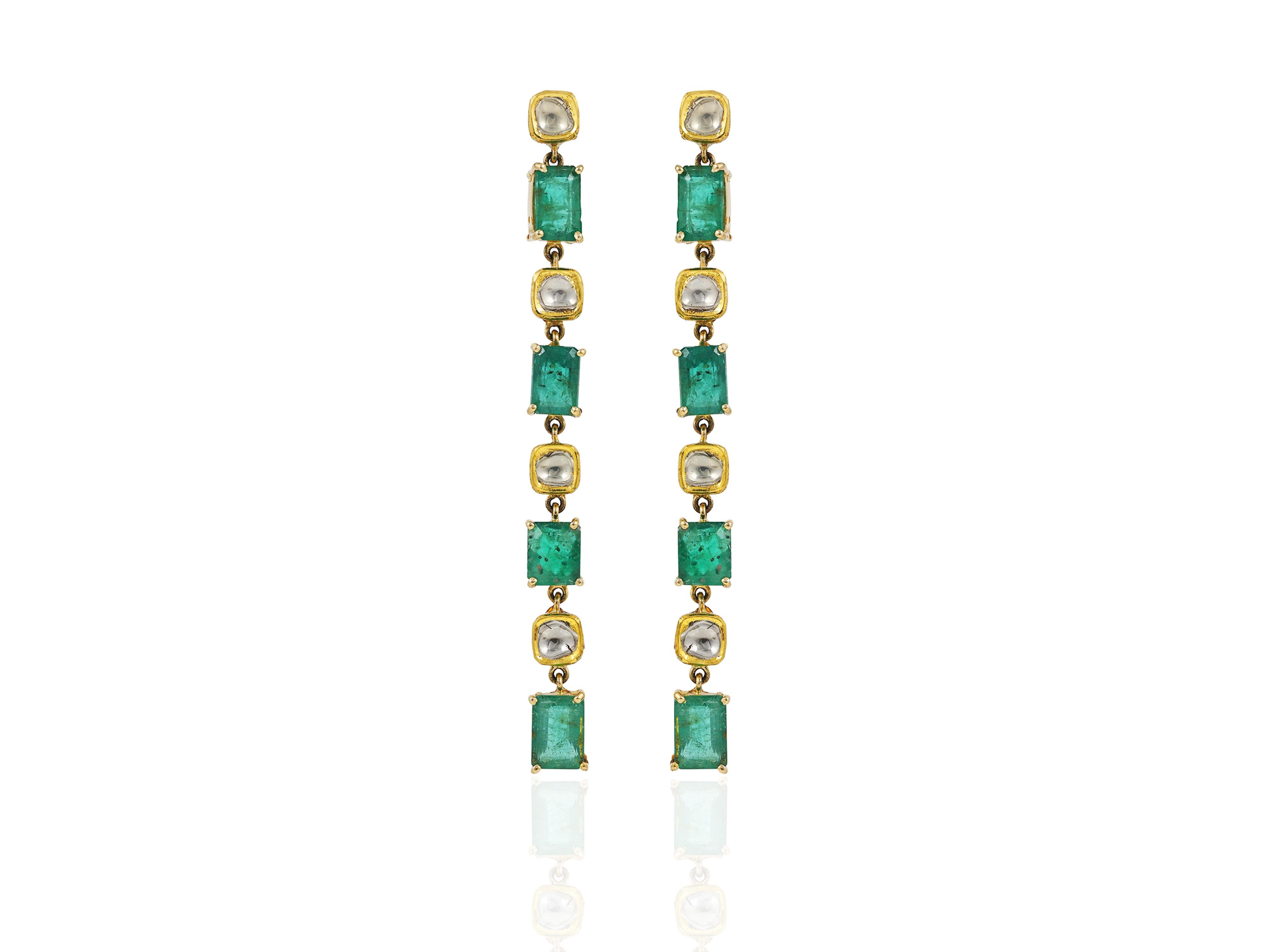 Women's 18K Emerald and uncut diamond slices earrings For Sale