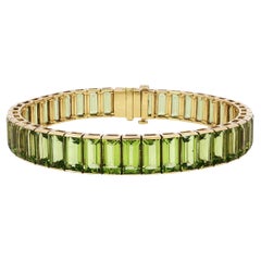 18K Emerald Cut Bracelet Peridot Straight Line Tennis Bracelet 18K Gold ~26ctw