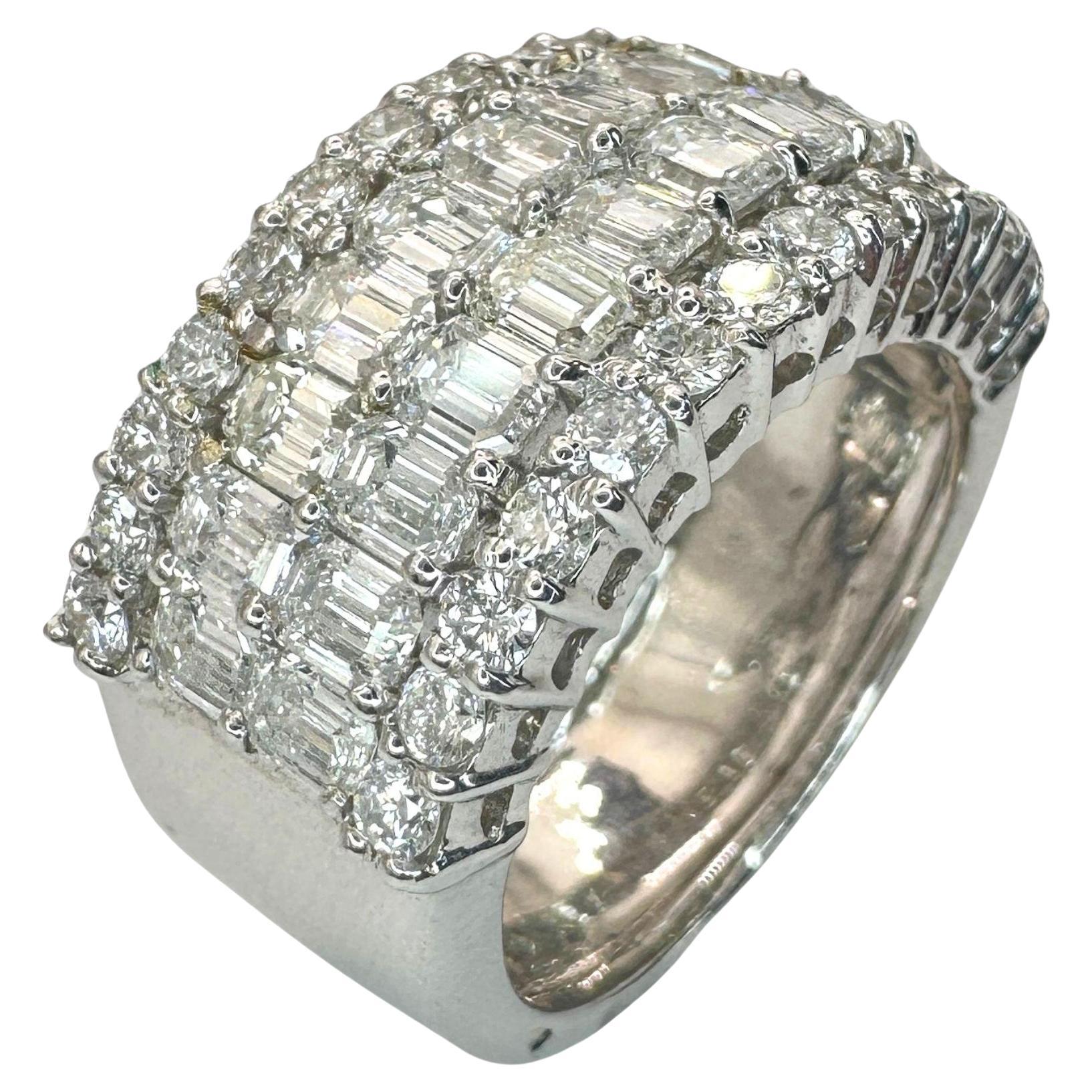 18k Emerald Cut Diamond Wide Band Ring For Sale