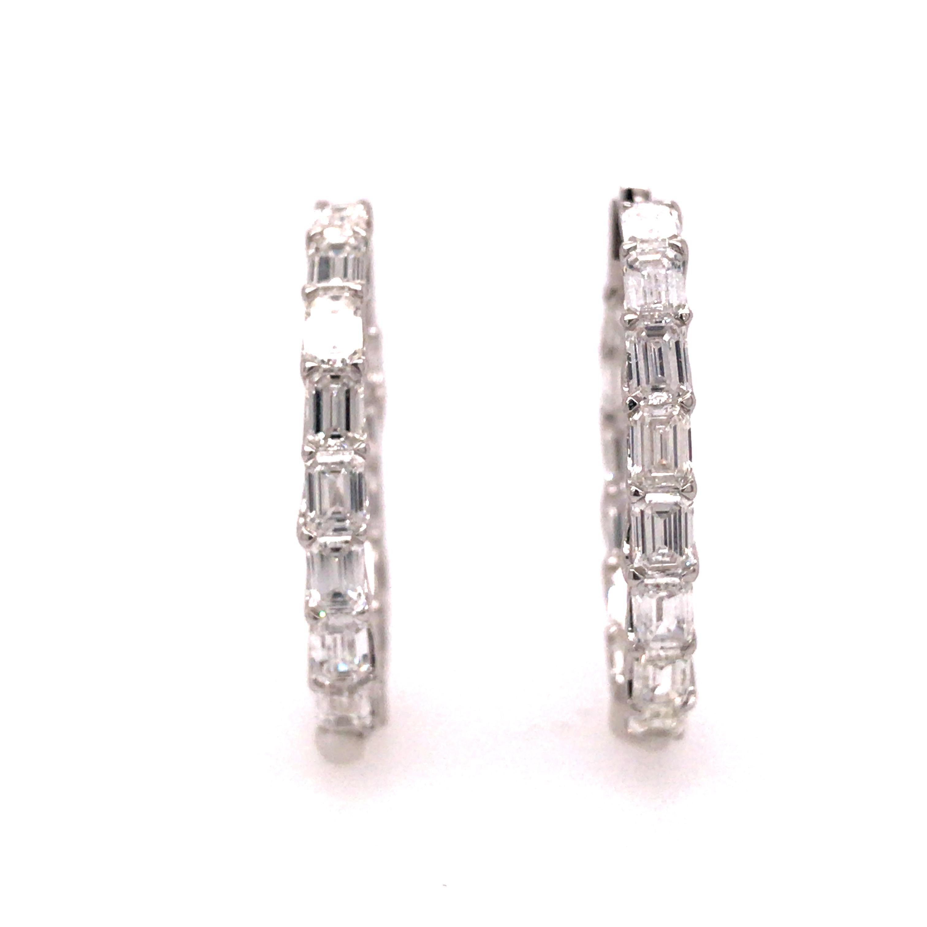 Emerald Cut 18K Emerald Diamond Elongated In/Out Hoop Earrings White Gold