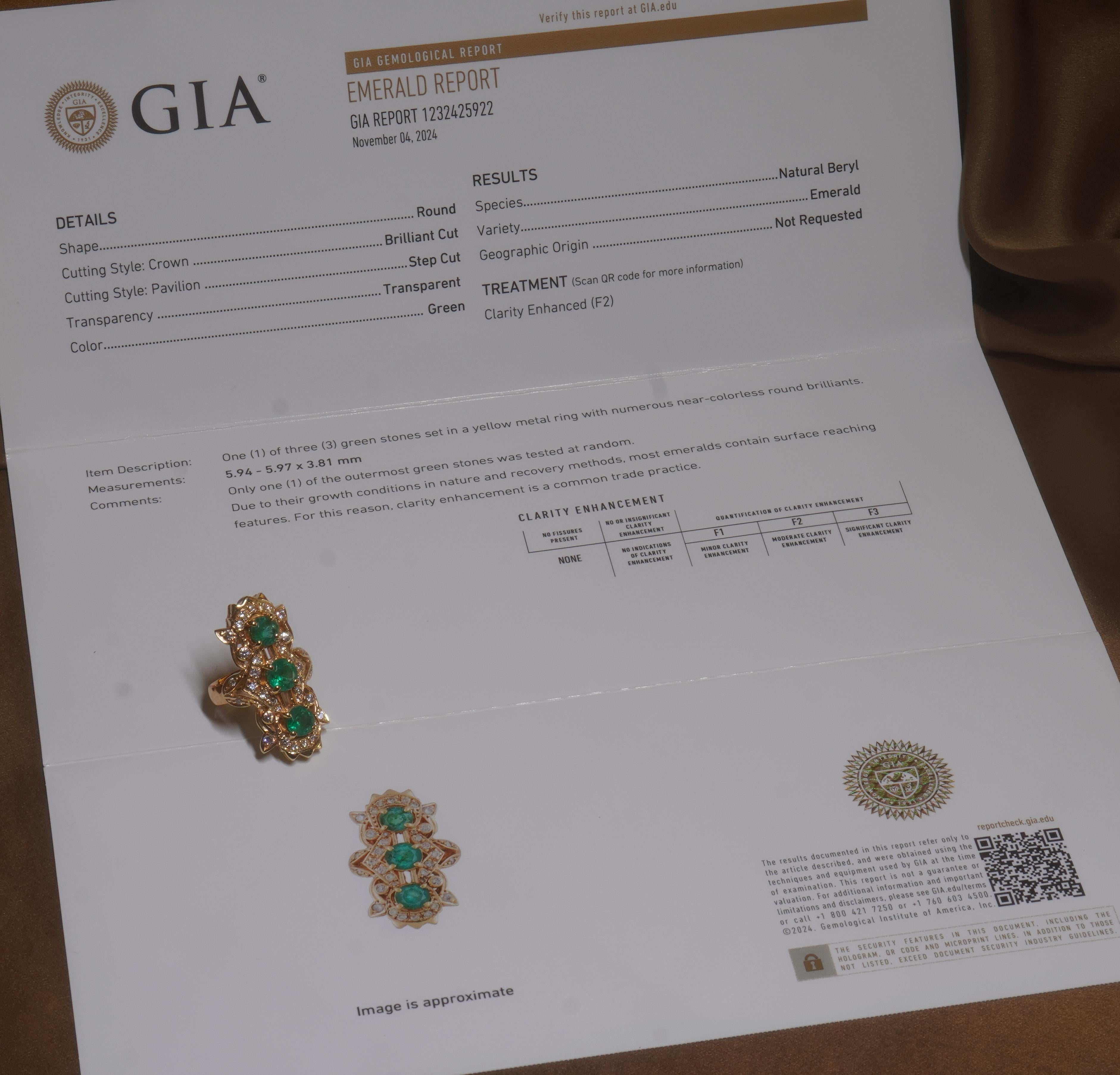 Round Cut 18K Emerald Diamond Ring Vintage GIA Certified Natural Huge Victorian Antique