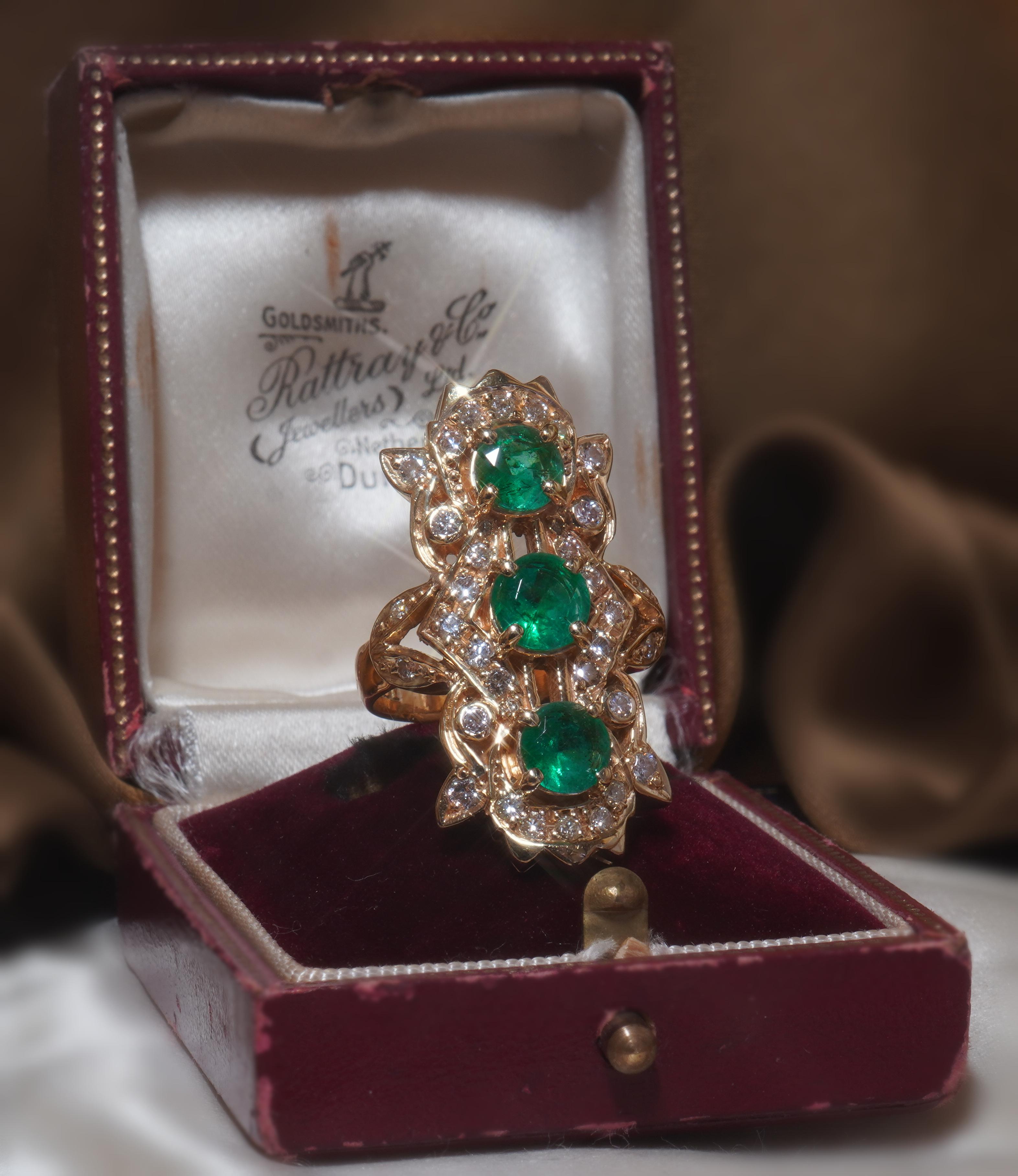 Women's 18K Emerald Diamond Ring Vintage GIA Certified Natural Huge Victorian Antique