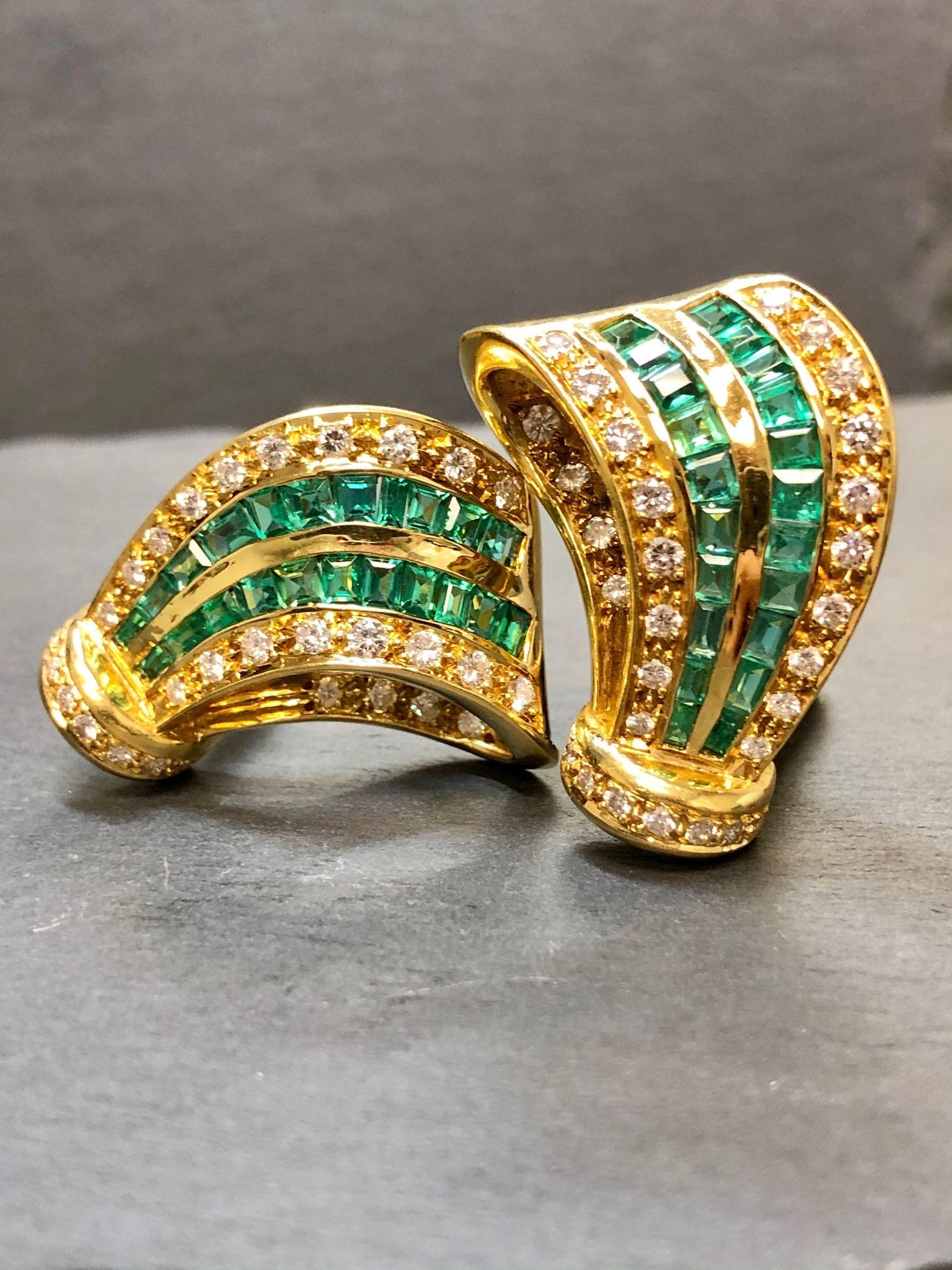 Emerald Cut Estate 18K Emerald Diamond Scroll Huggie Clip Earrings 6.10cttw For Sale