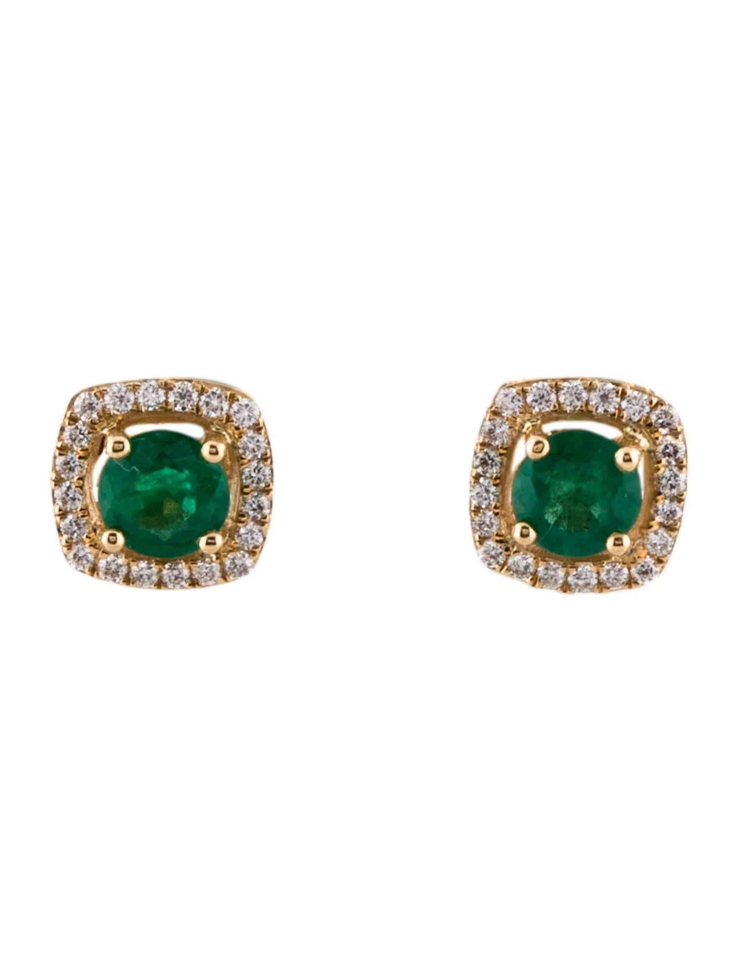 Emerald Cut 18K Emerald & Diamond Stud Earrings - Round Brilliant Emeralds, 0.24 Carat Diamo