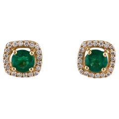 18K Emerald & Diamond Stud Earrings - Round Brilliant Emeralds, 0.24 Carat Diamo