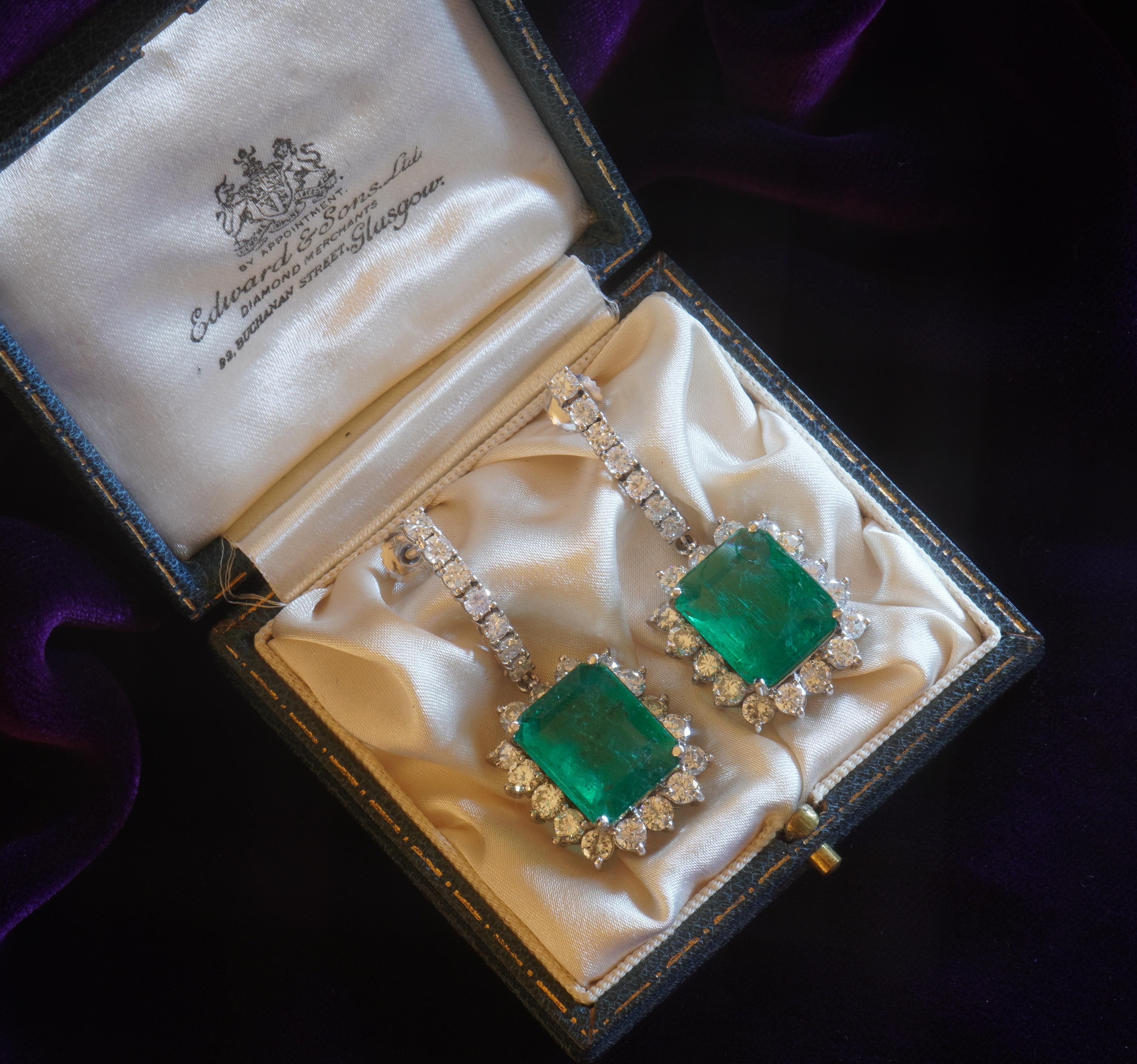 Emerald Cut 18K Emerald Earrings Diamond Vintage Certified GIA Natural VS Giant 24.12 Carats For Sale