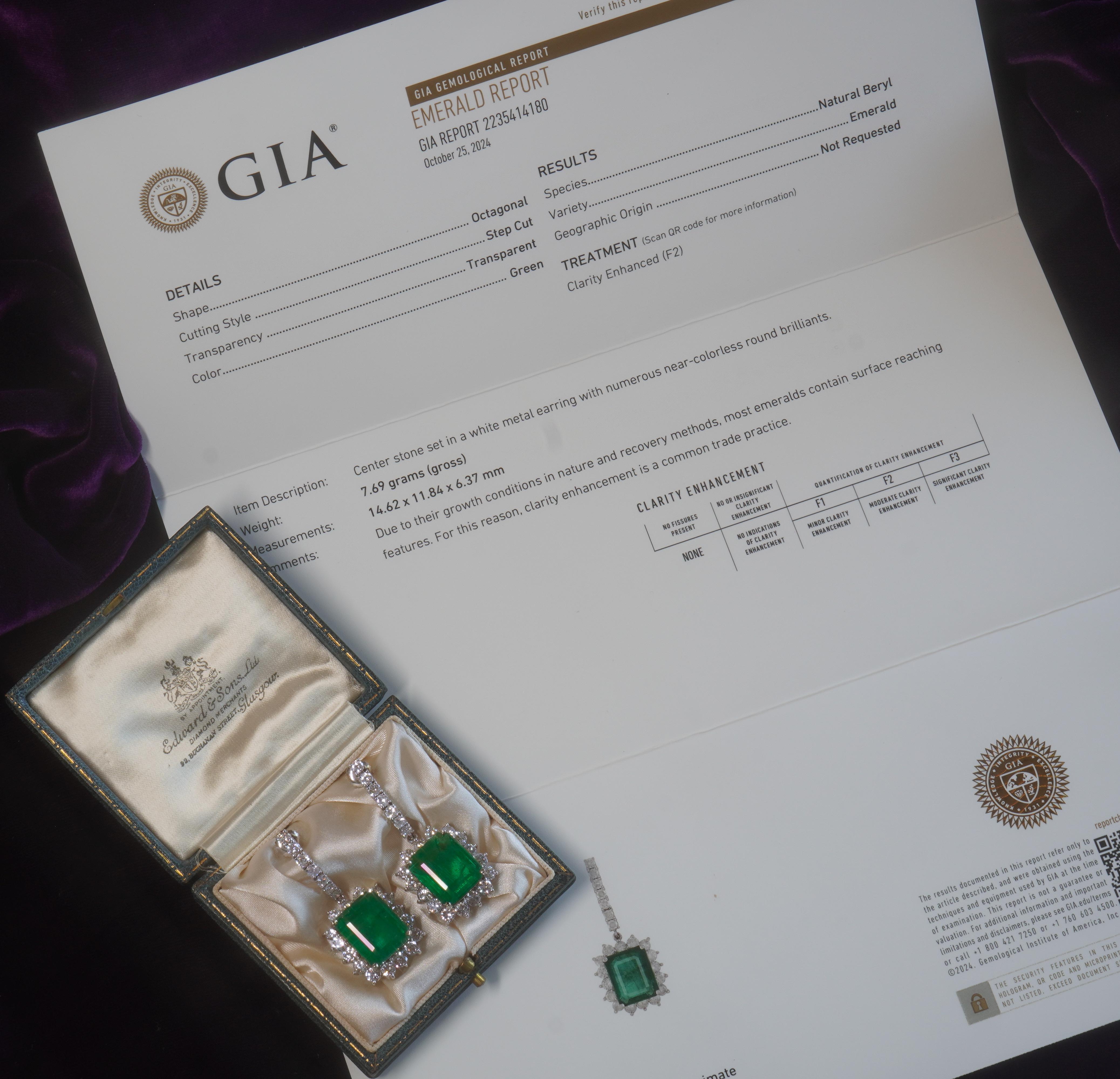 18K Emerald Earrings Diamond Vintage Certified GIA Natural VS Giant 24.12 Carats For Sale 1