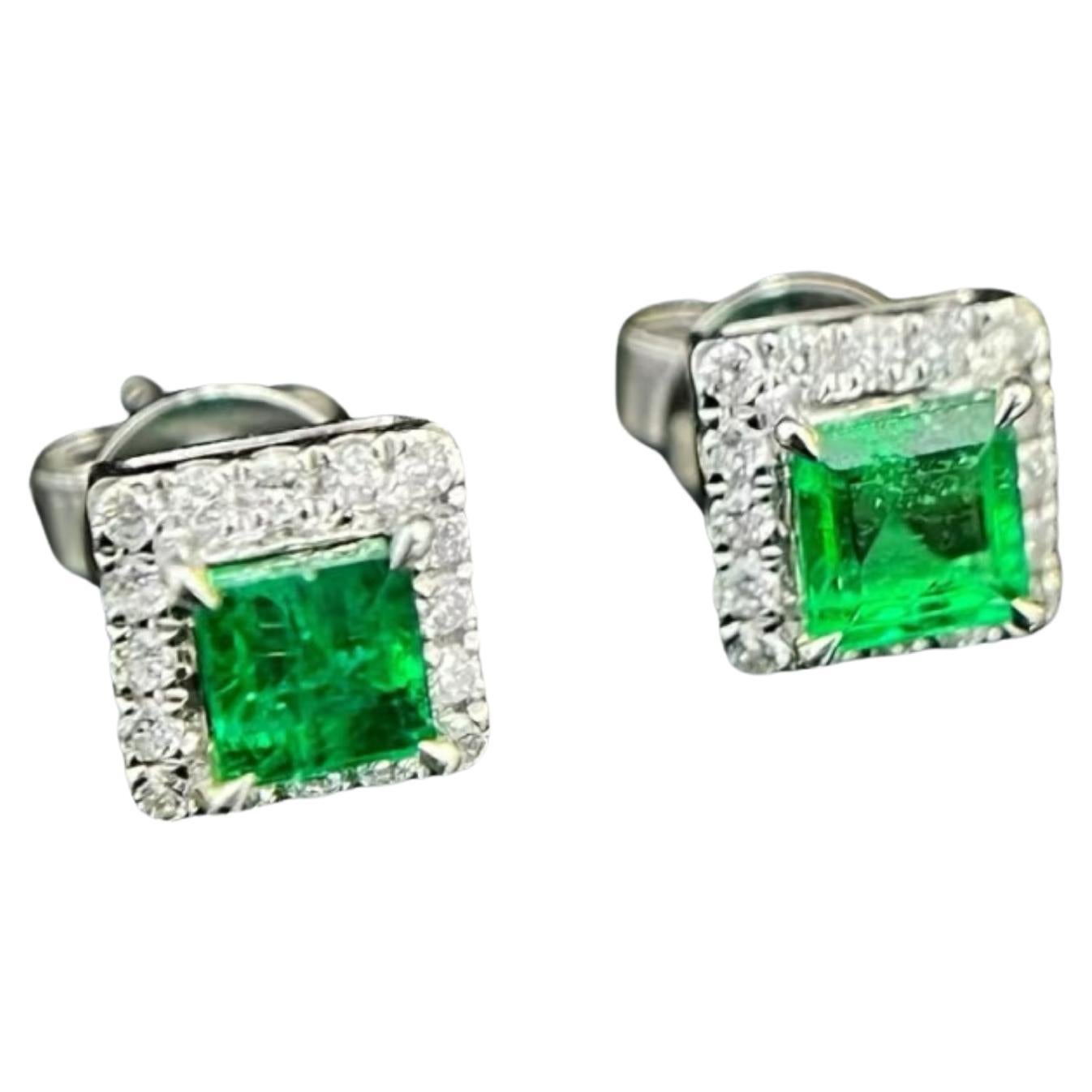 18K Emerald Stud Earrings with Halo of Diamonds For Sale