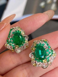 18K Emerald, Yellow Sapphire 
Diamond Earrings – 3.90ct Emerald