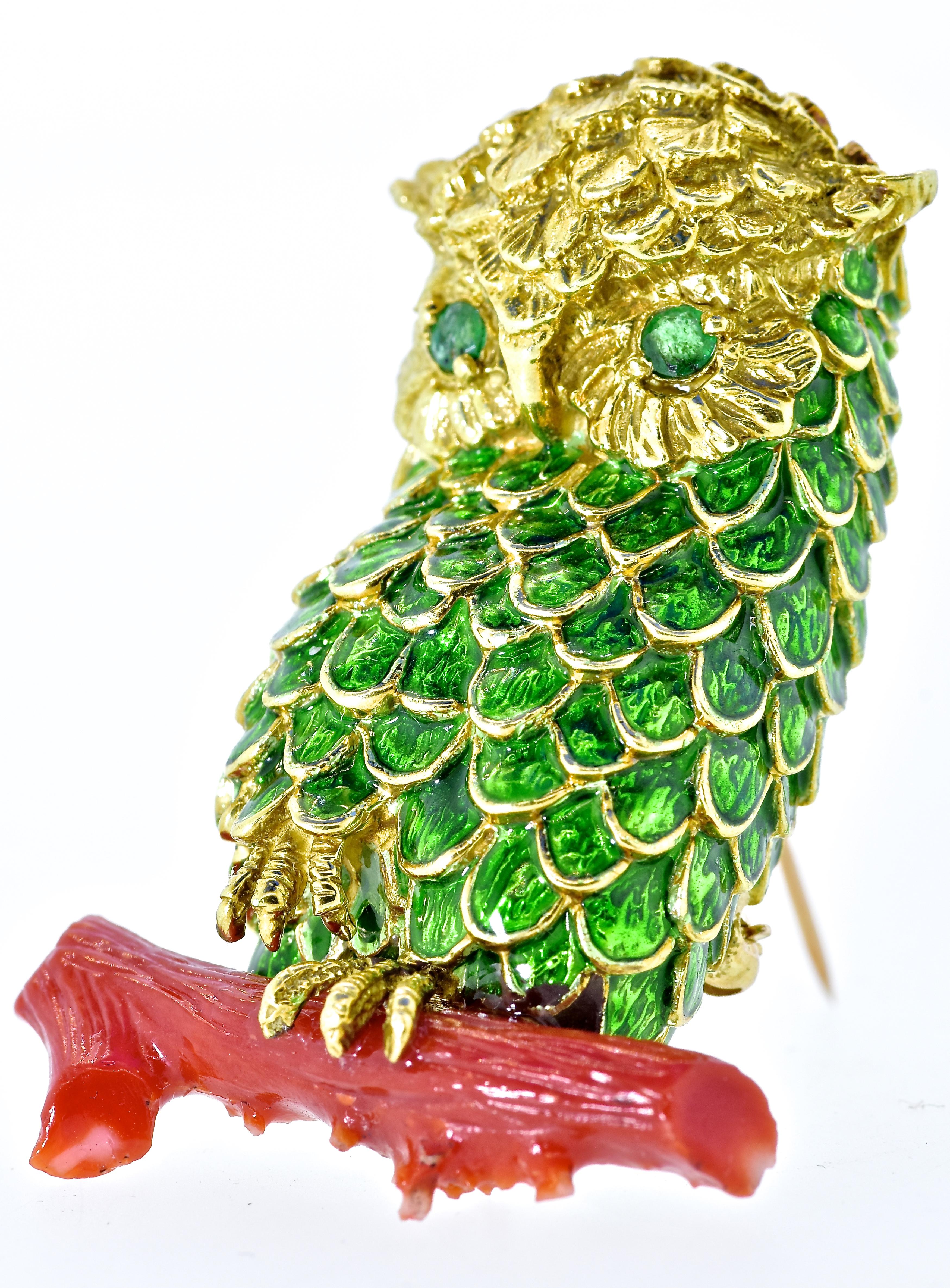 18K .yellow gold and green guillochee enamel owl brooch from the 1960's.  He is robust and charming with bright green natural emerald eyes weighing .10 cts.   