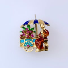18 Karat Enamel Flower Cart Brooch