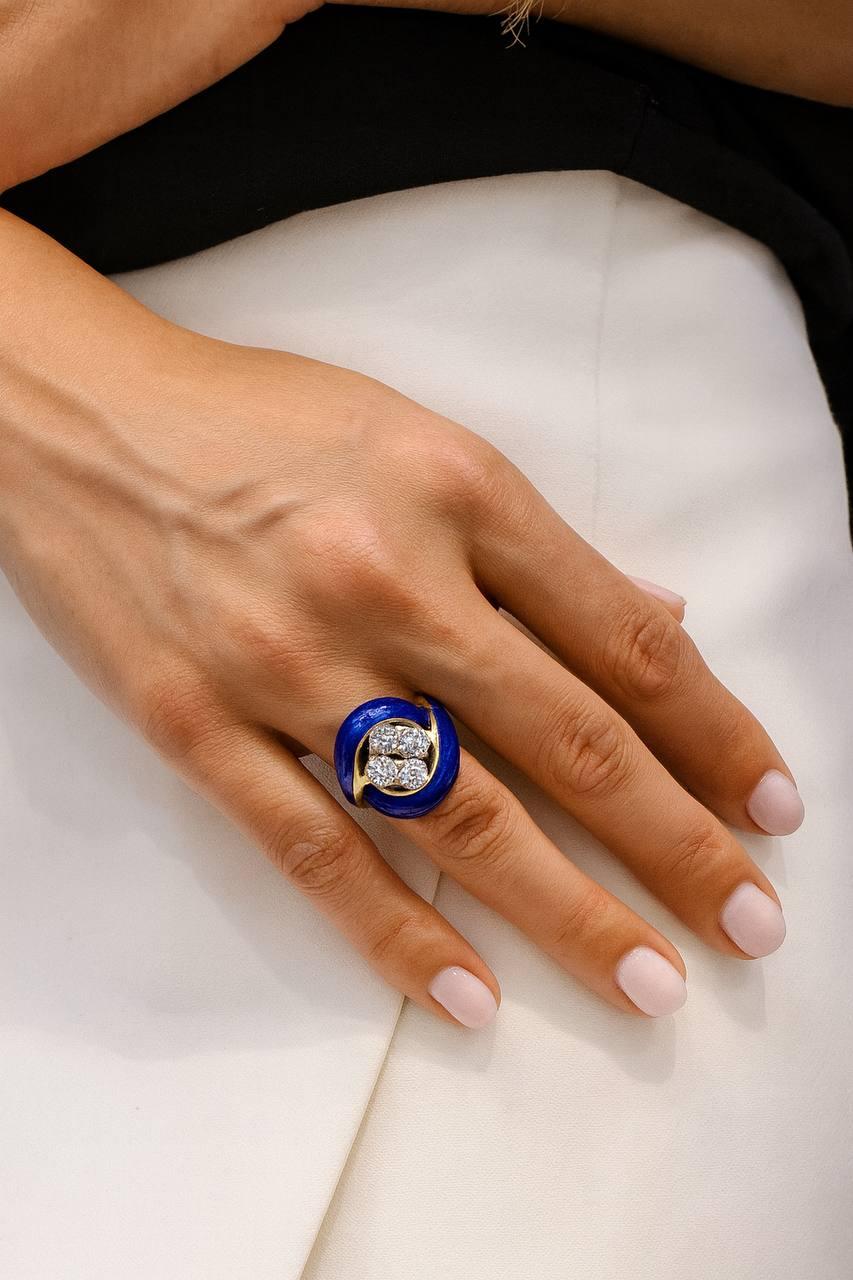 bague en émail 18k avec 4 diamants taille ancienne Pour femmes en vente