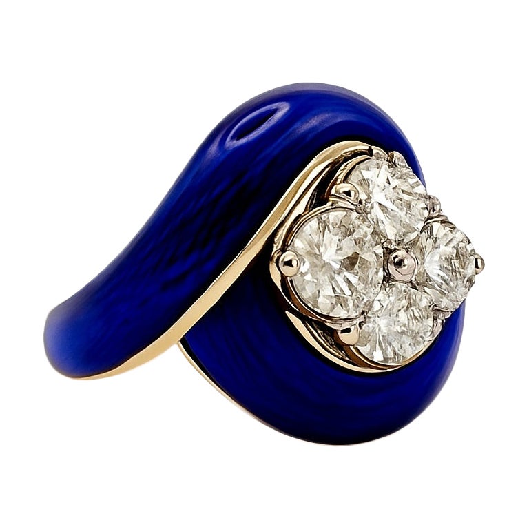 18k Enamel Ring with 4 Old Cut Diamonds
