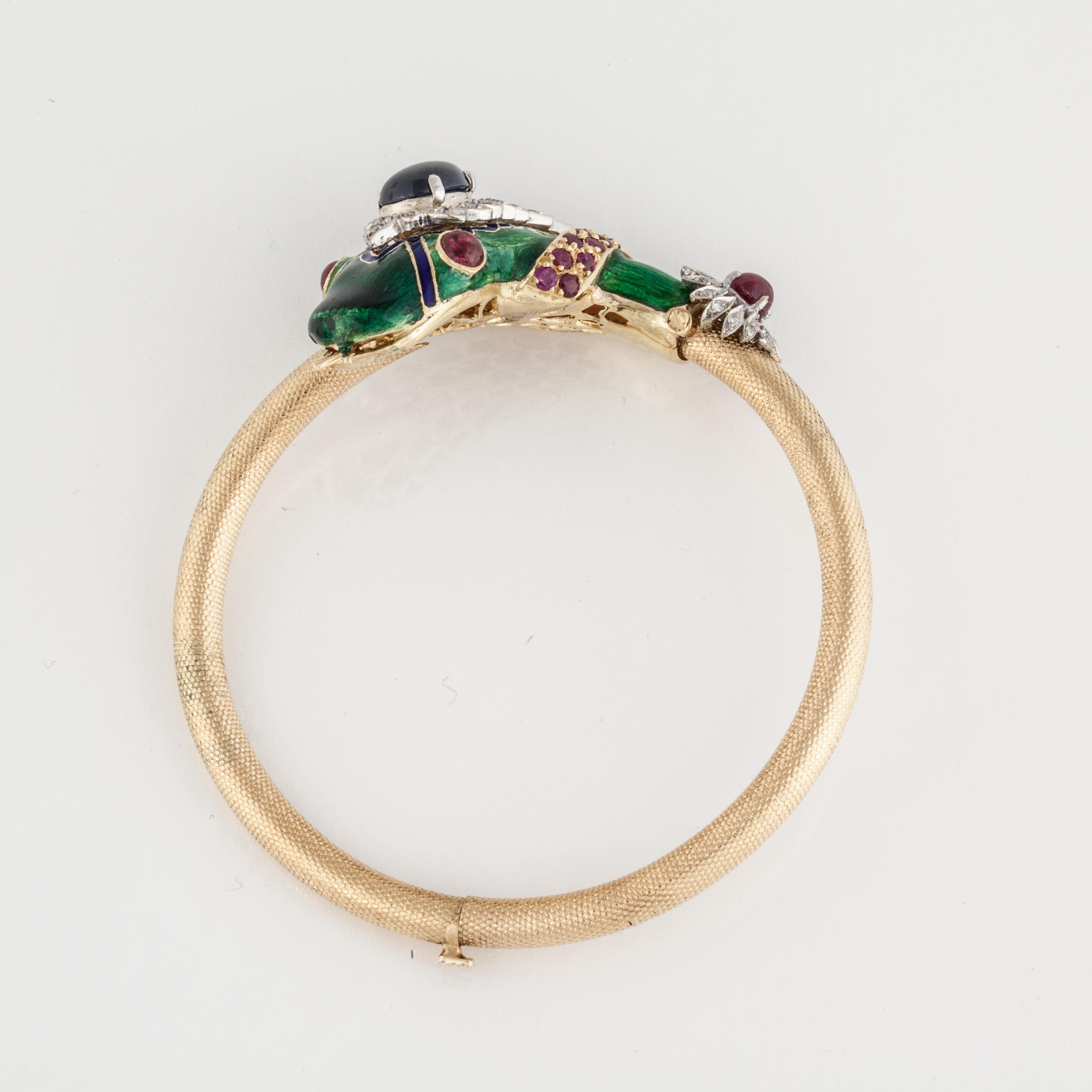 Pear Cut Enameled Snake Bangle with Gemstones in 18K Gold For Sale