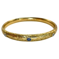 Antique 18k Engraved Victorian Diamond and Sapphire Bangle