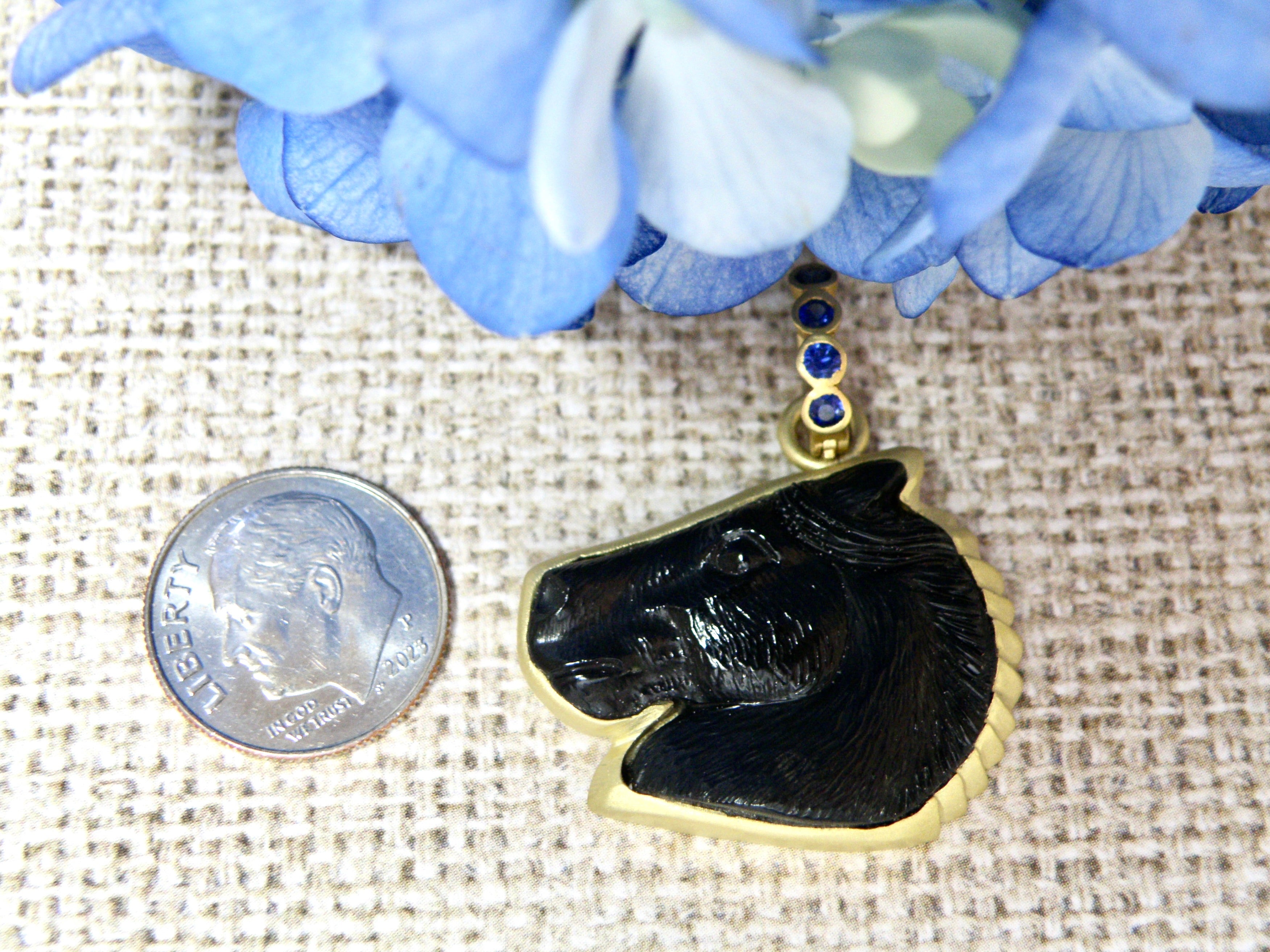 black onyx hand carved horse head pendant with 18K mane and sapphire bail (chain not included)