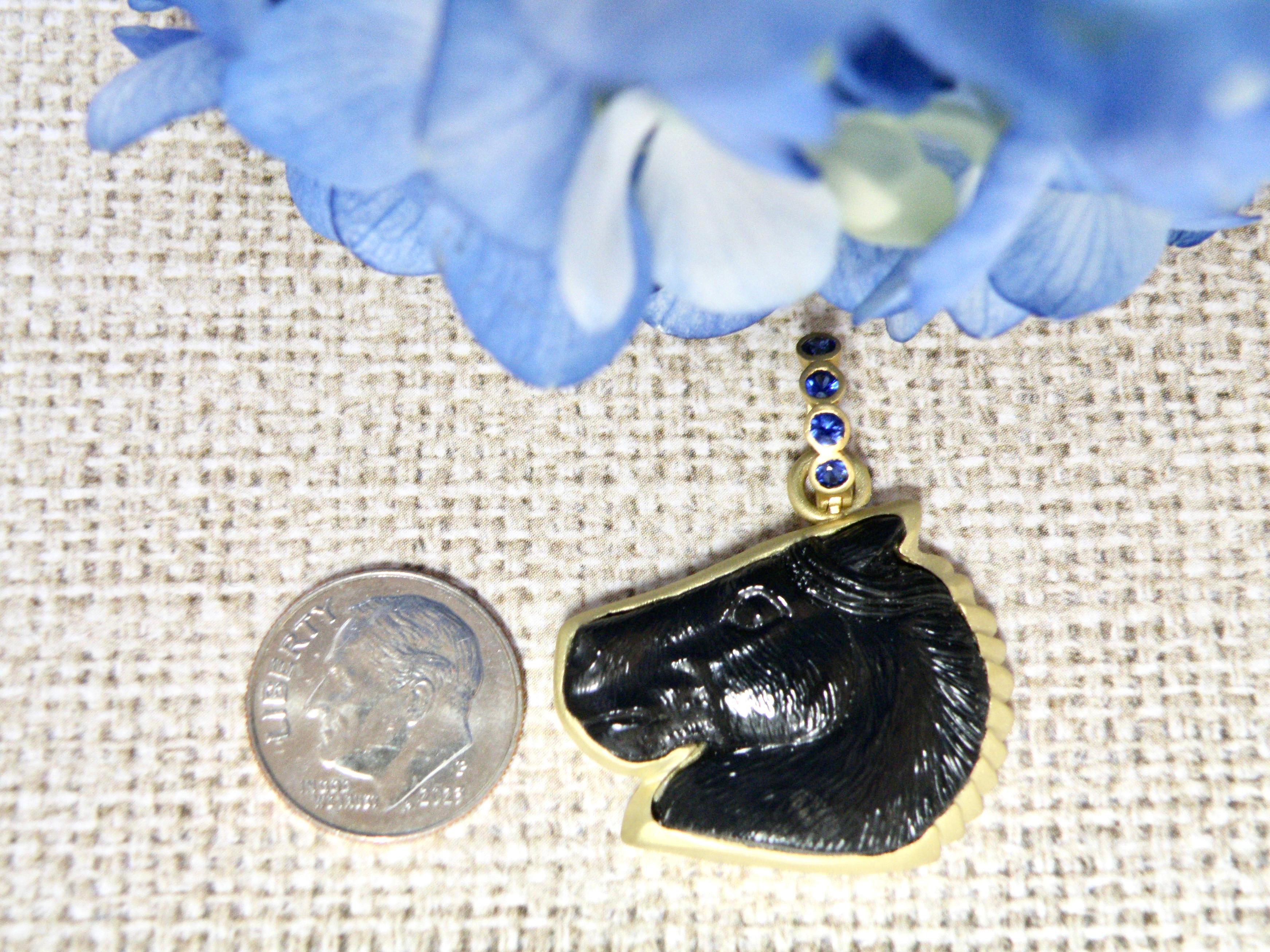 Contemporary 18k enhancer, carved black onyx horse head, sapphire bail For Sale