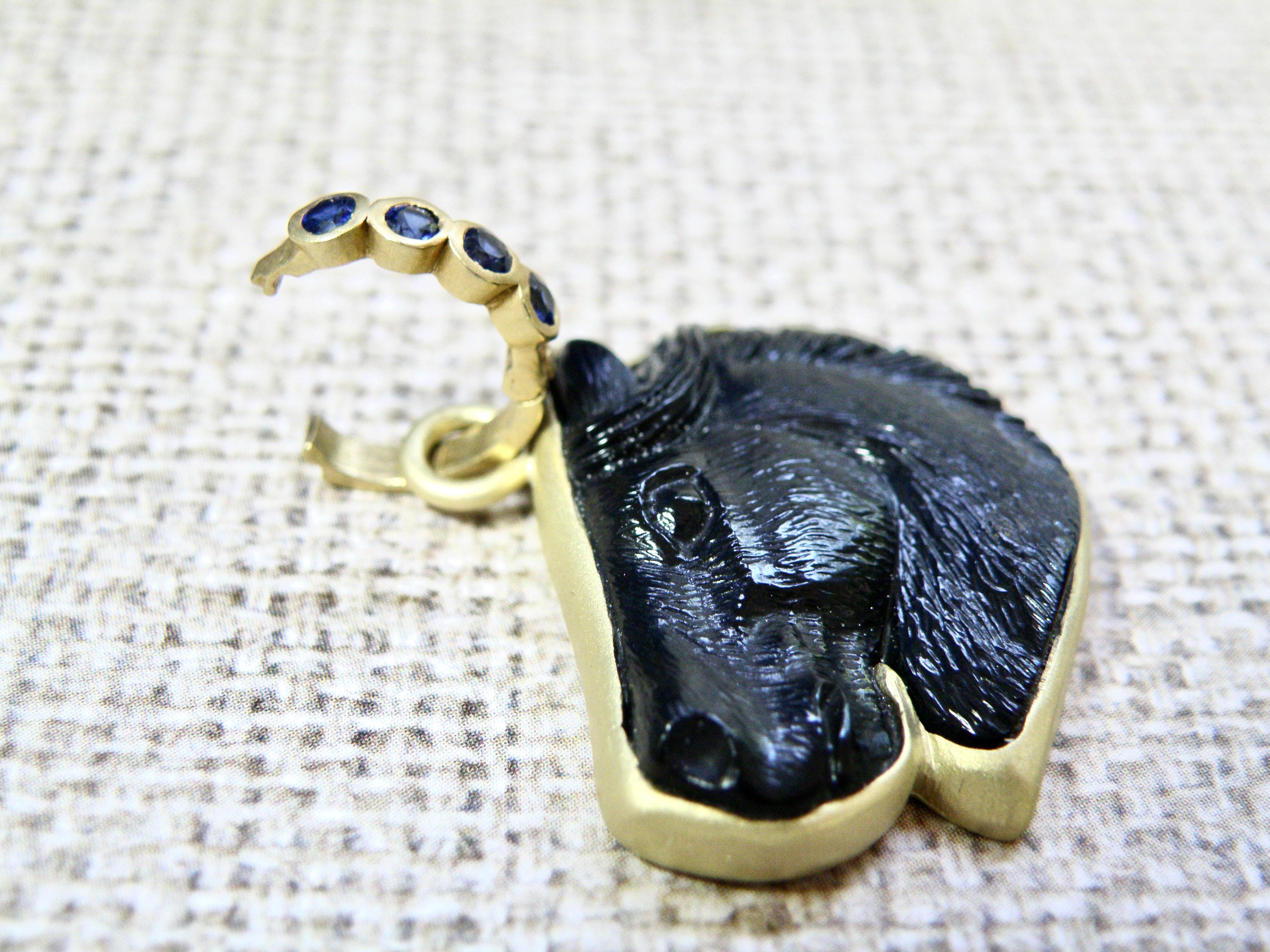 Mixed Cut 18k enhancer, carved black onyx horse head, sapphire bail For Sale
