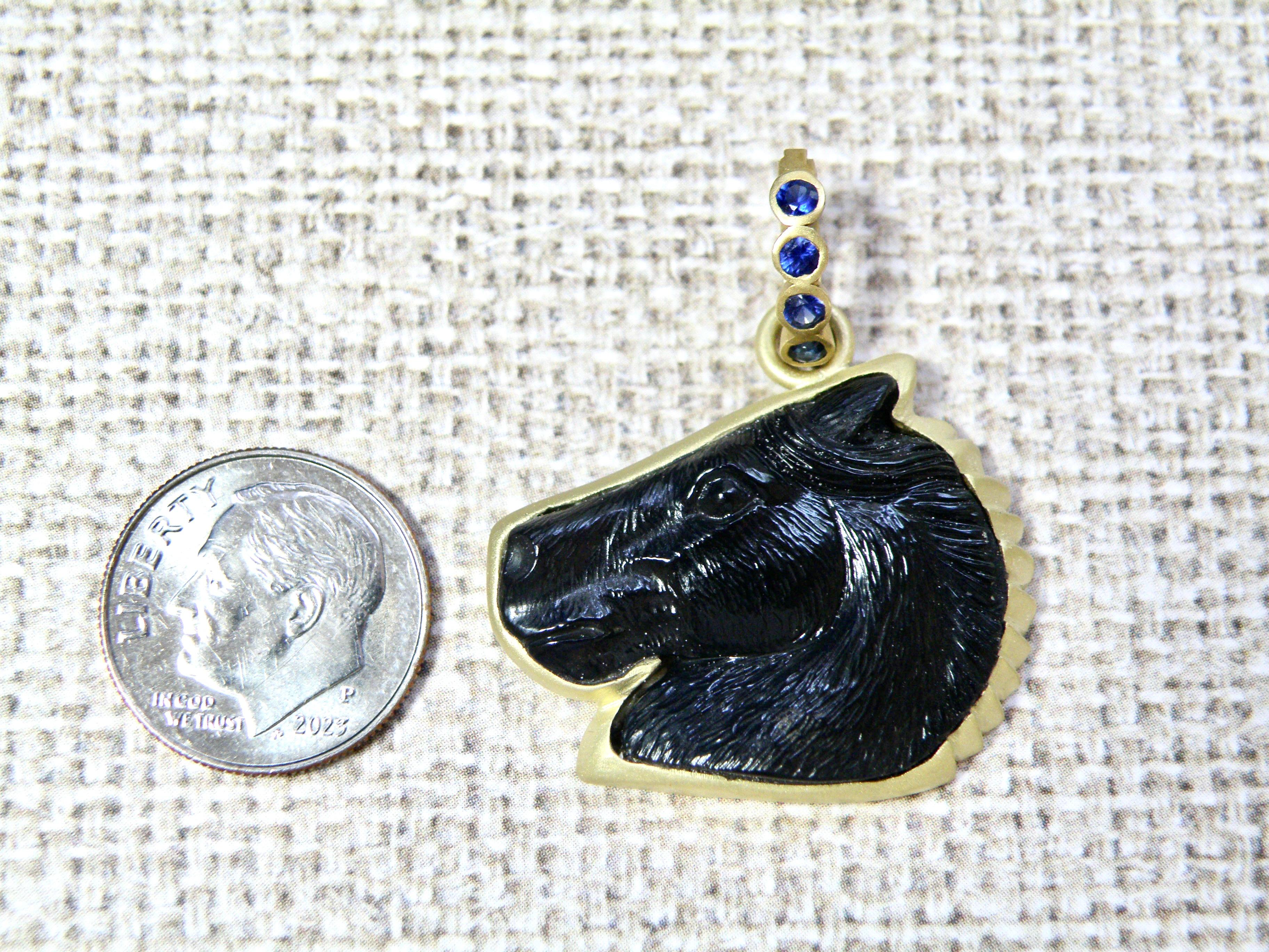 18k enhancer, carved black onyx horse head, sapphire bail In New Condition For Sale In Cohasset, MA