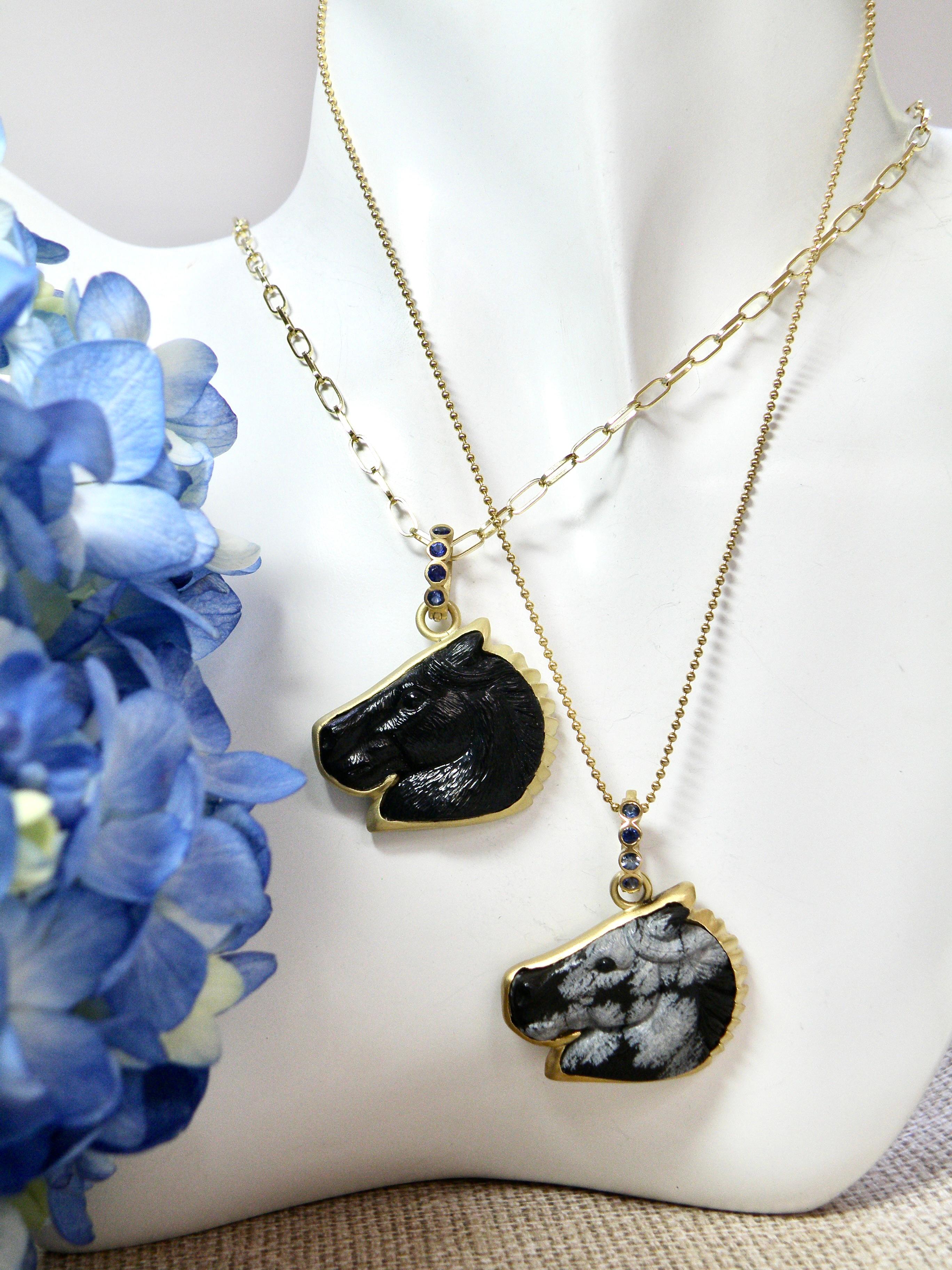 Women's or Men's 18k enhancer, carved black onyx horse head, sapphire bail For Sale