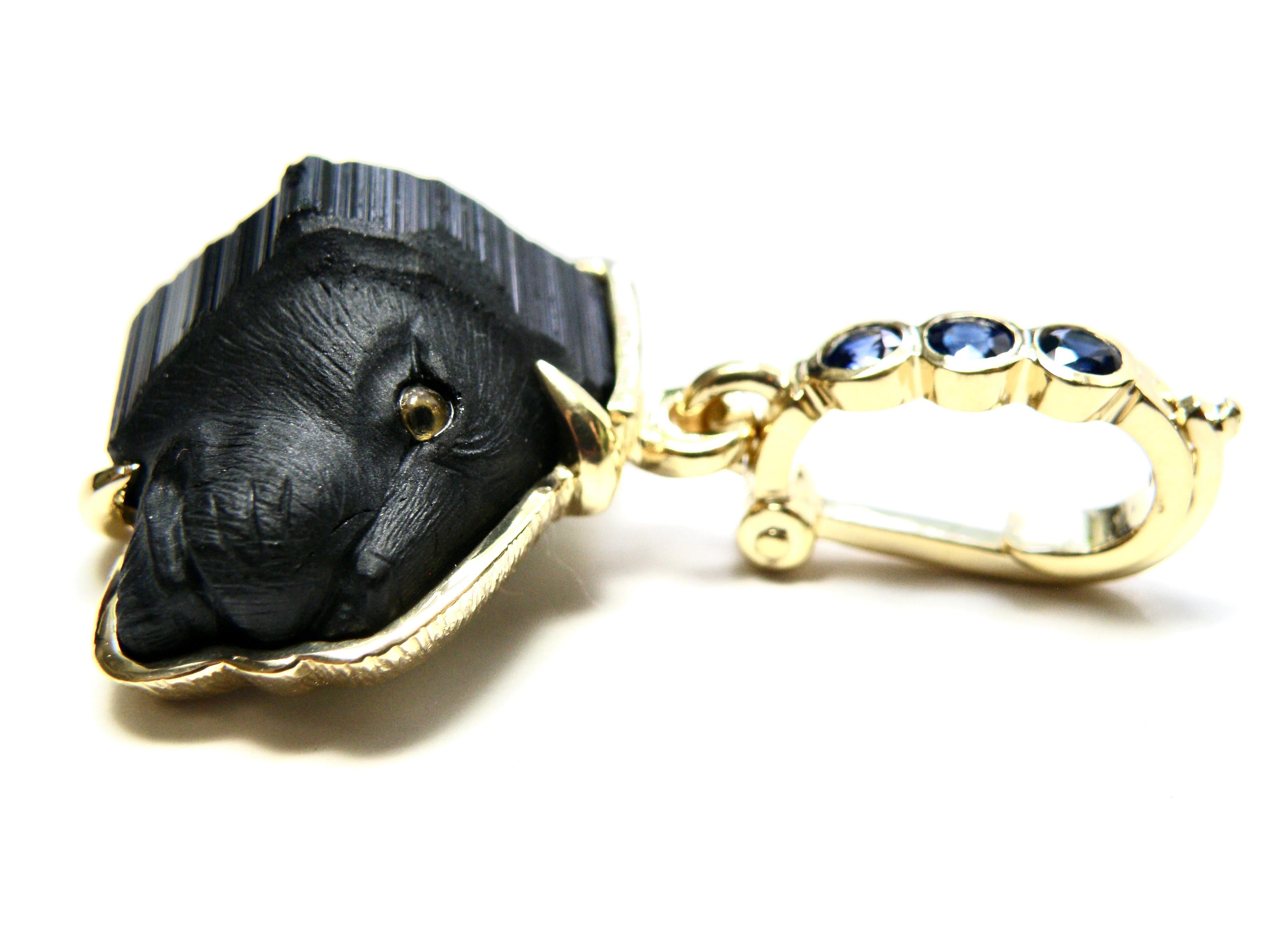 18k Enhancer, carved black tourmaline lions head, blue sapphire bail In New Condition For Sale In Cohasset, MA