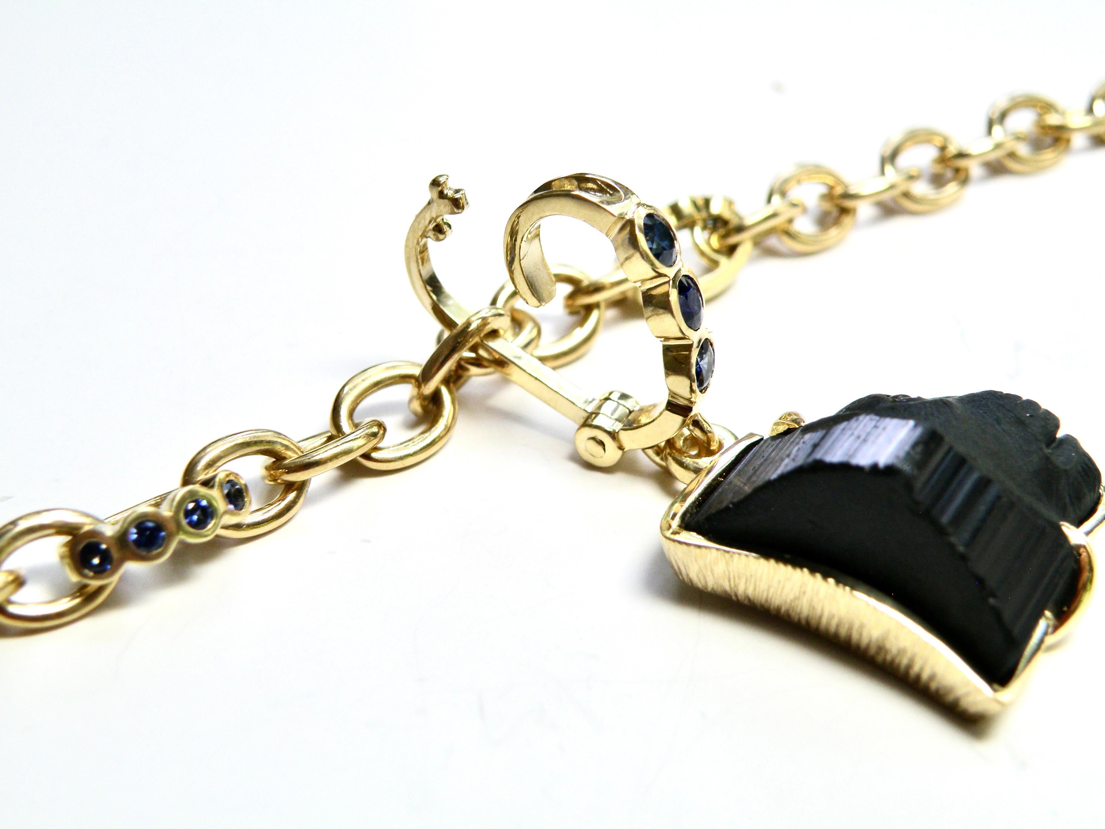 Women's or Men's 18k Enhancer, carved black tourmaline lions head, blue sapphire bail For Sale