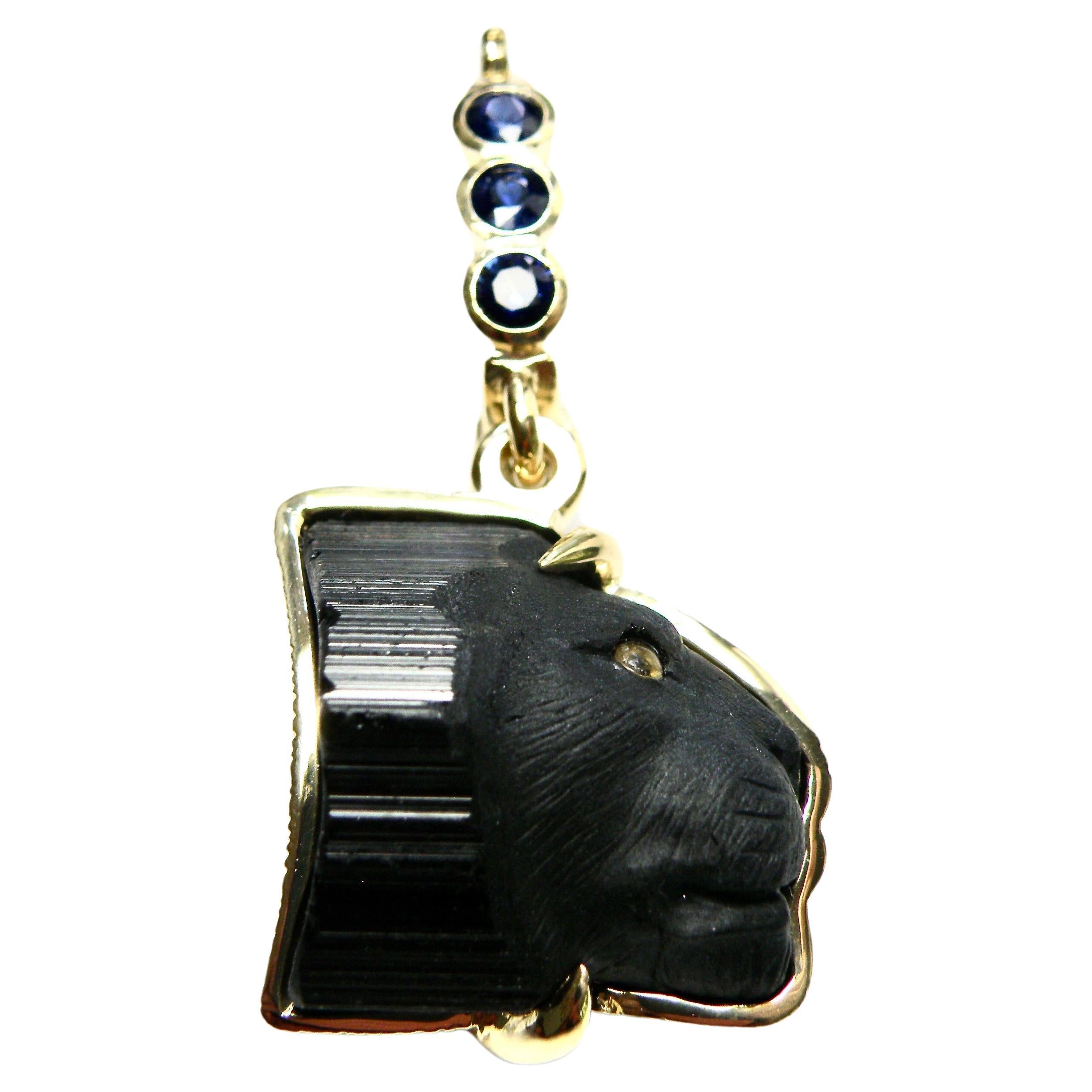 18k Enhancer, carved black tourmaline lions head, blue sapphire bail For Sale