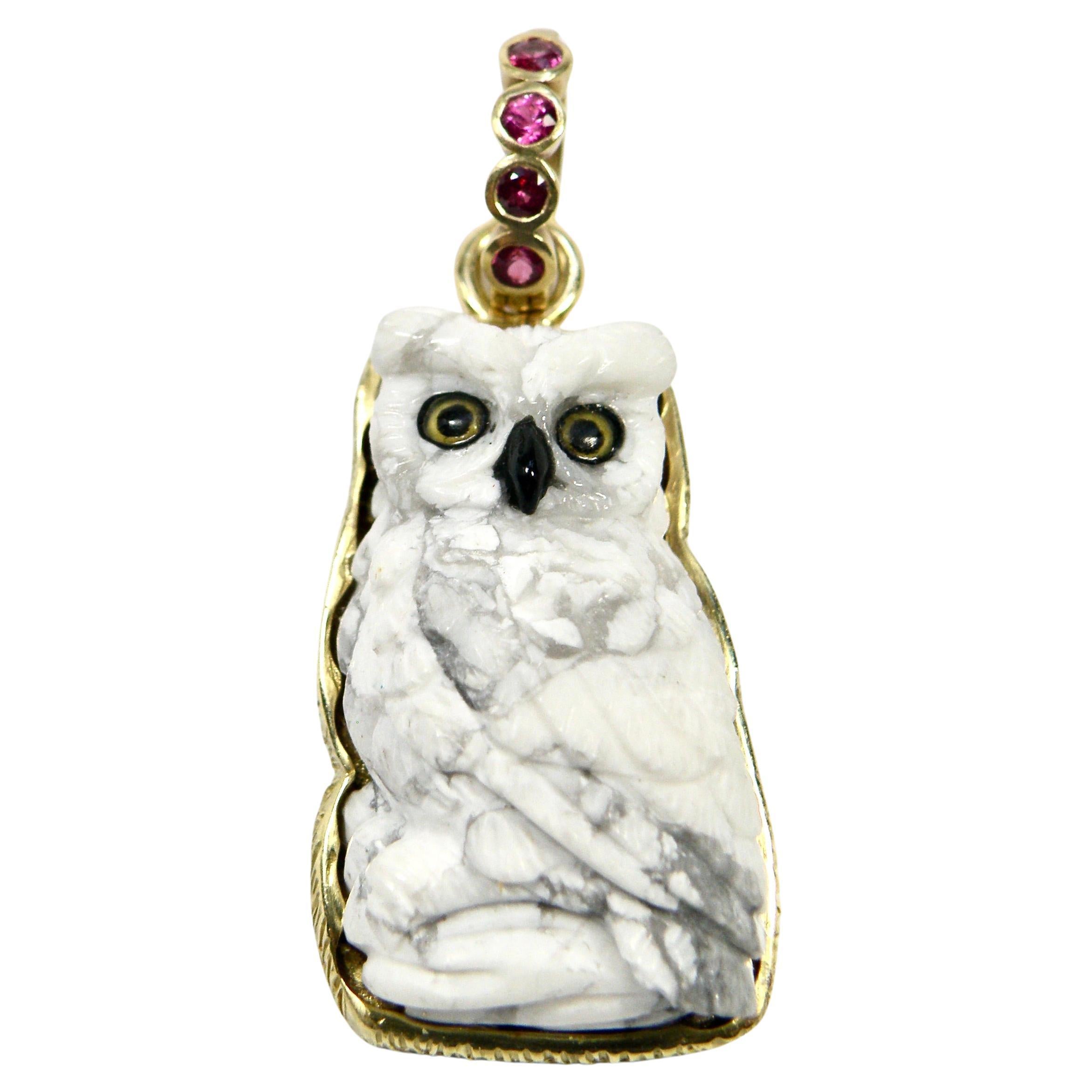 18k enhancer, carved Howlite Owl pendant with sapphire bail