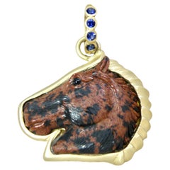 18k Enhancer, Carved Mahogany Obsidian horse head, sapphire bail