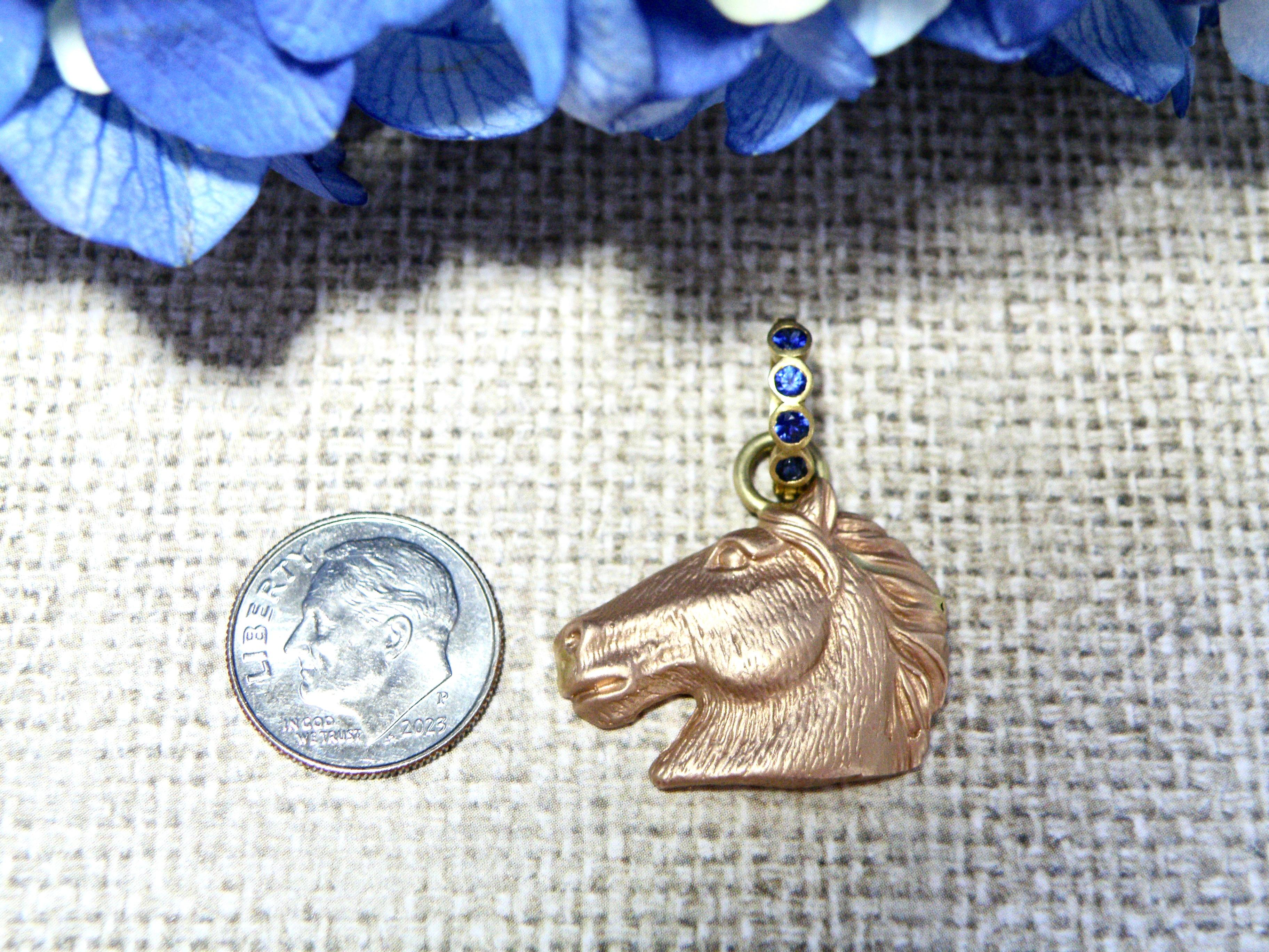Contemporary 18k Enhancer, Rose Gold Horse Head, sapphire bail For Sale
