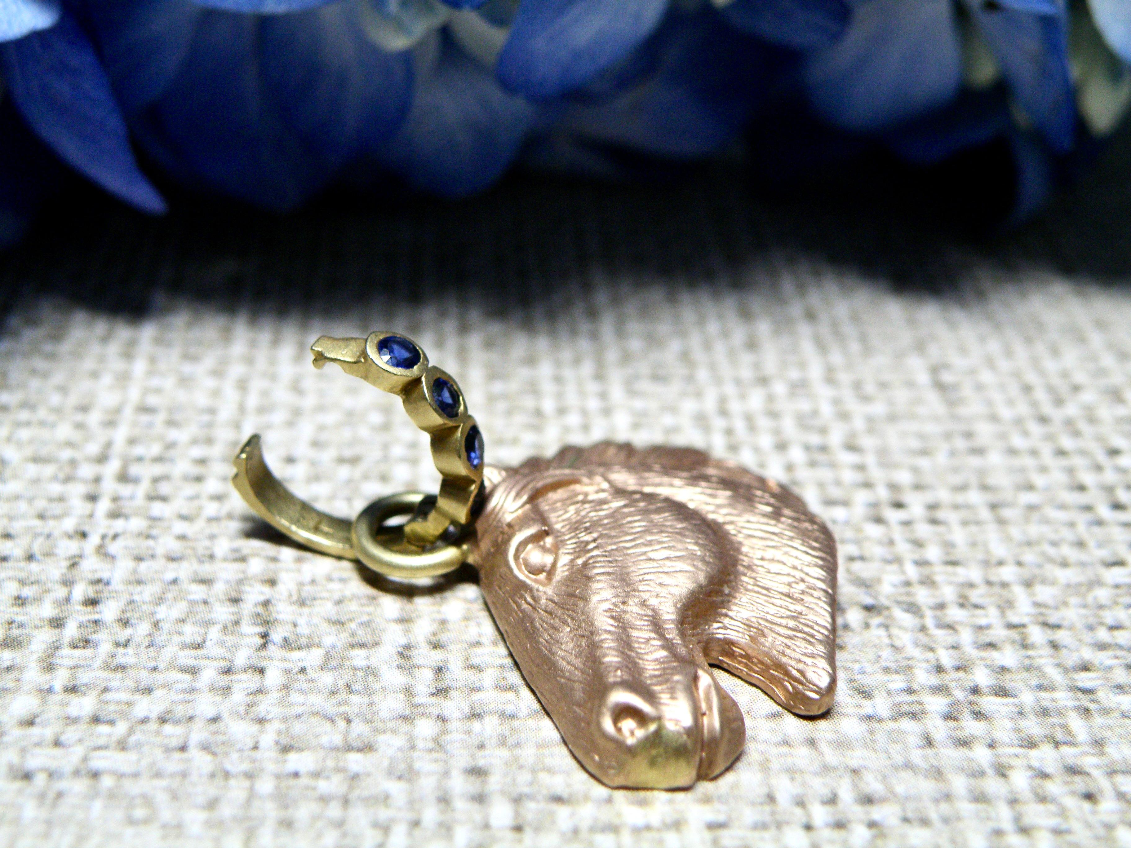 18k Enhancer, Rose Gold Horse Head, sapphire bail In New Condition For Sale In Cohasset, MA