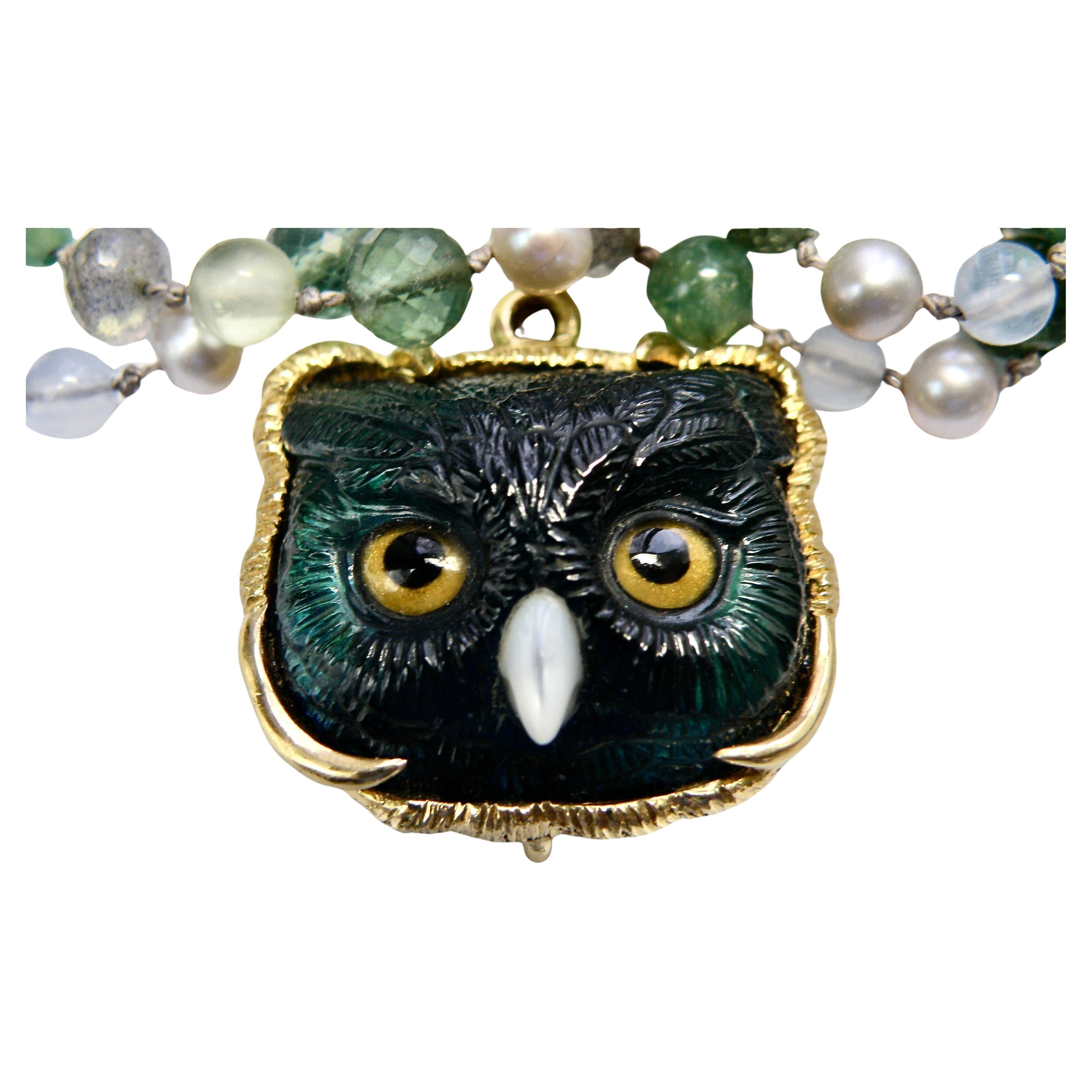 18k enhancer with carved green Tourmaline Owl head