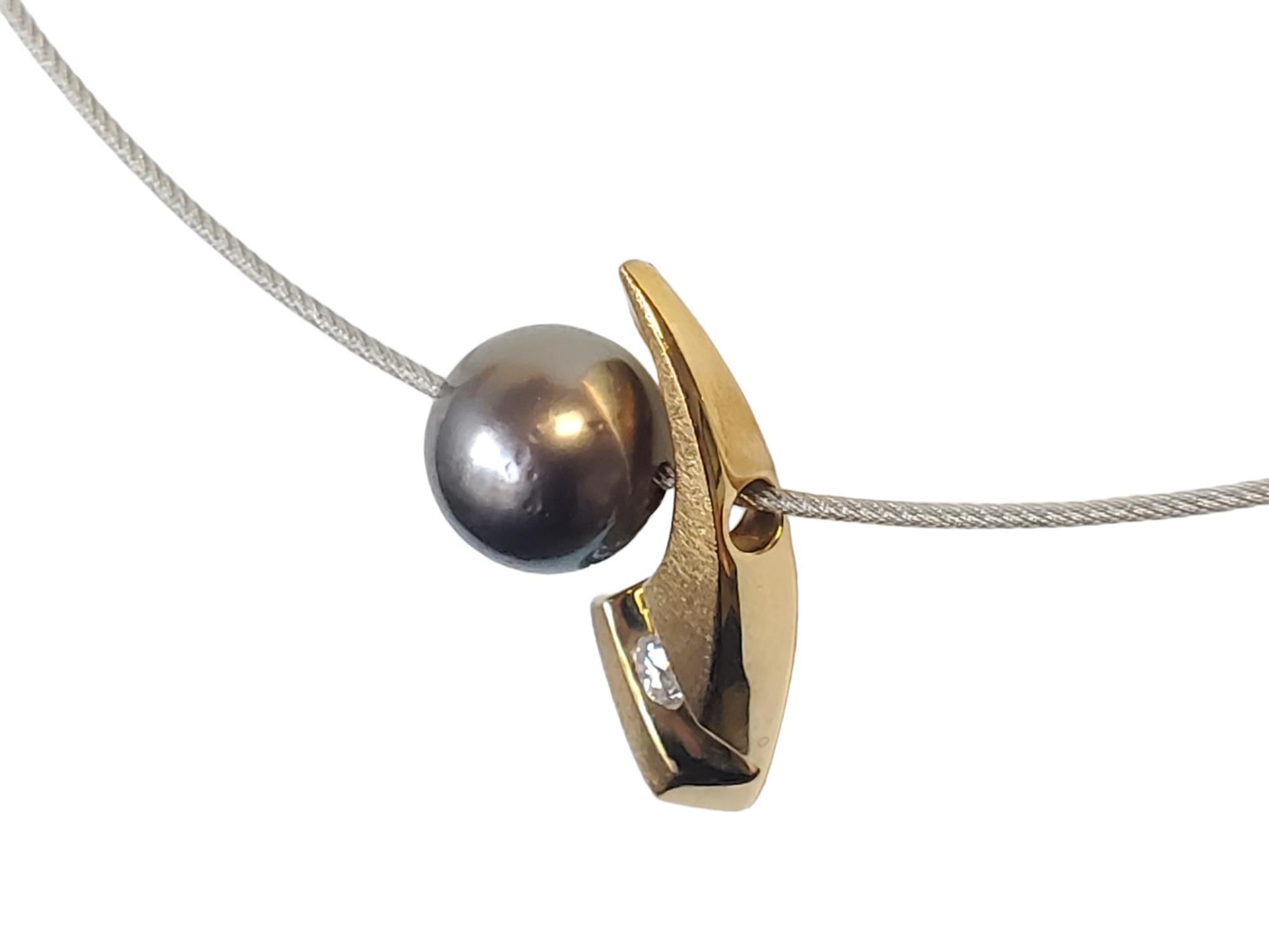 18 Karat Nachlass Designer Tahiti Perle Diamant Stahl Kabel-Halskette im Zustand „Gut“ im Angebot in Overland Park, KS