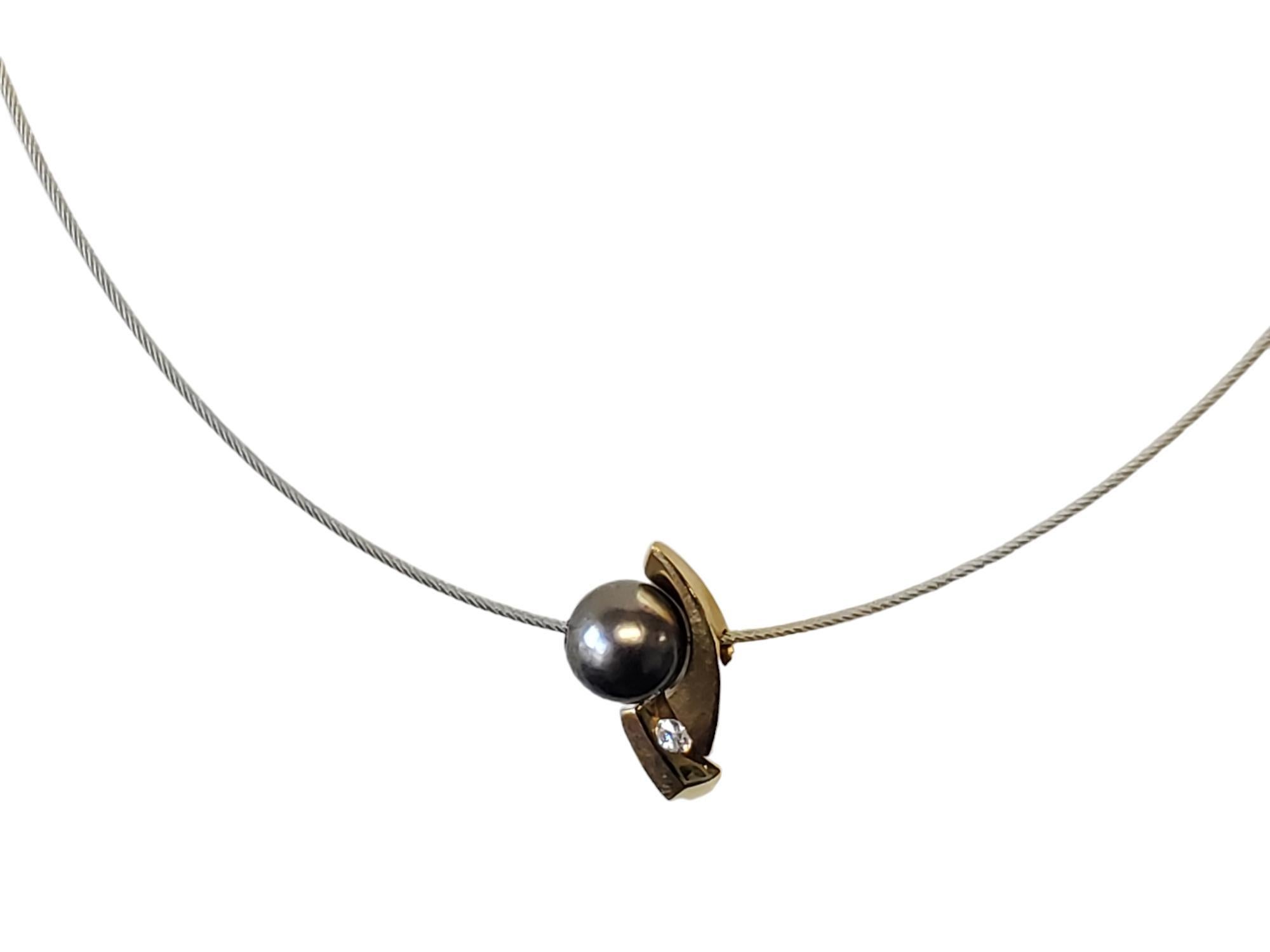 18k Estate Designer Tahitian Pearl Diamond Steel Cable Necklace For Sale 1