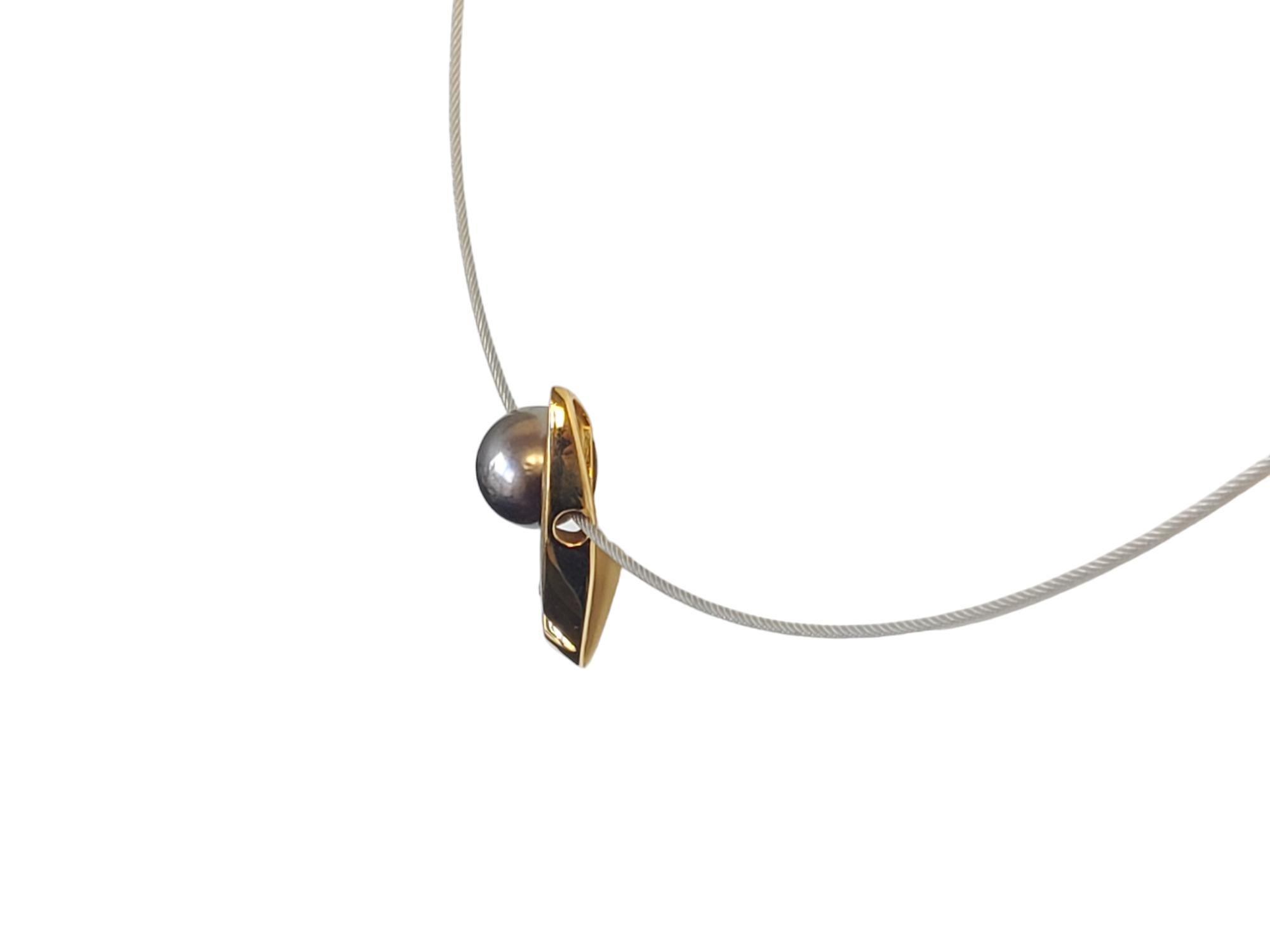18k Estate Designer Tahitian Pearl Diamond Steel Cable Necklace For Sale 2