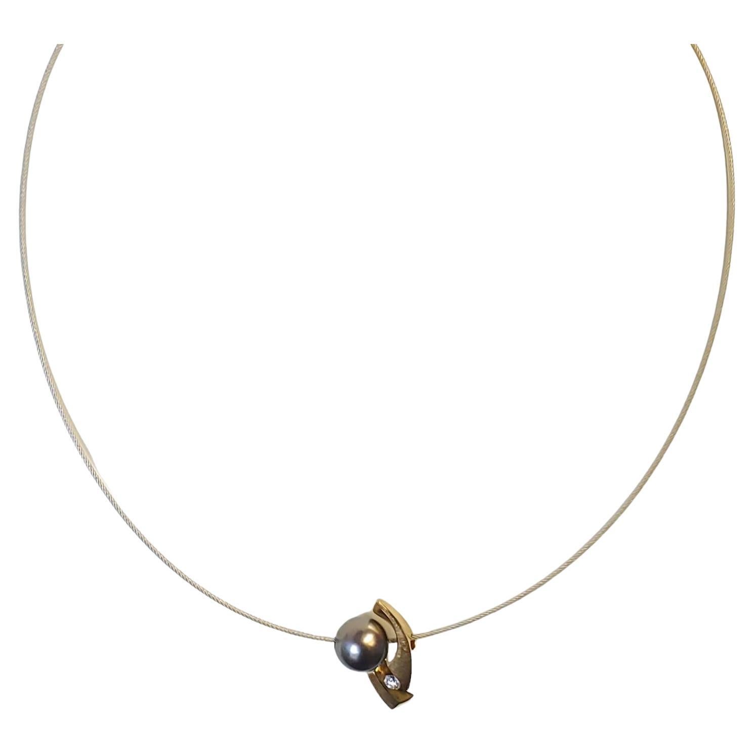 18k Estate Designer Tahitian Pearl Diamond Steel Cable Necklace For Sale