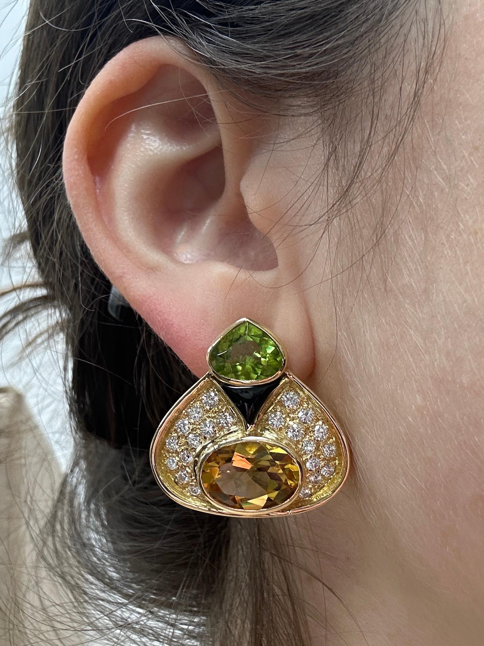 18k Estate Diamond, Onyx and Multi-Color Gemstone Earrings For Sale 2