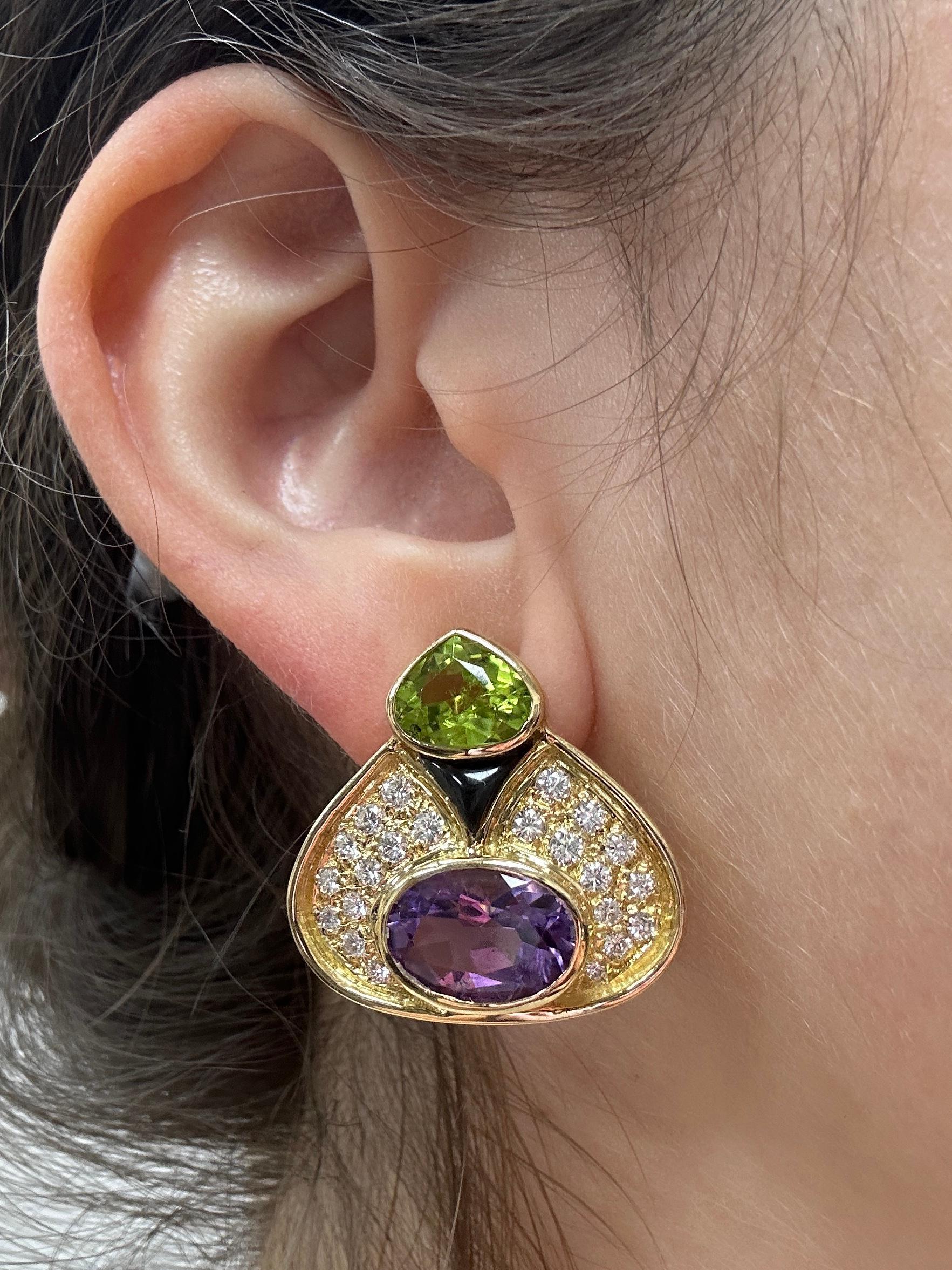18k Estate Diamond, Onyx and Multi-Color Gemstone Earrings For Sale 3
