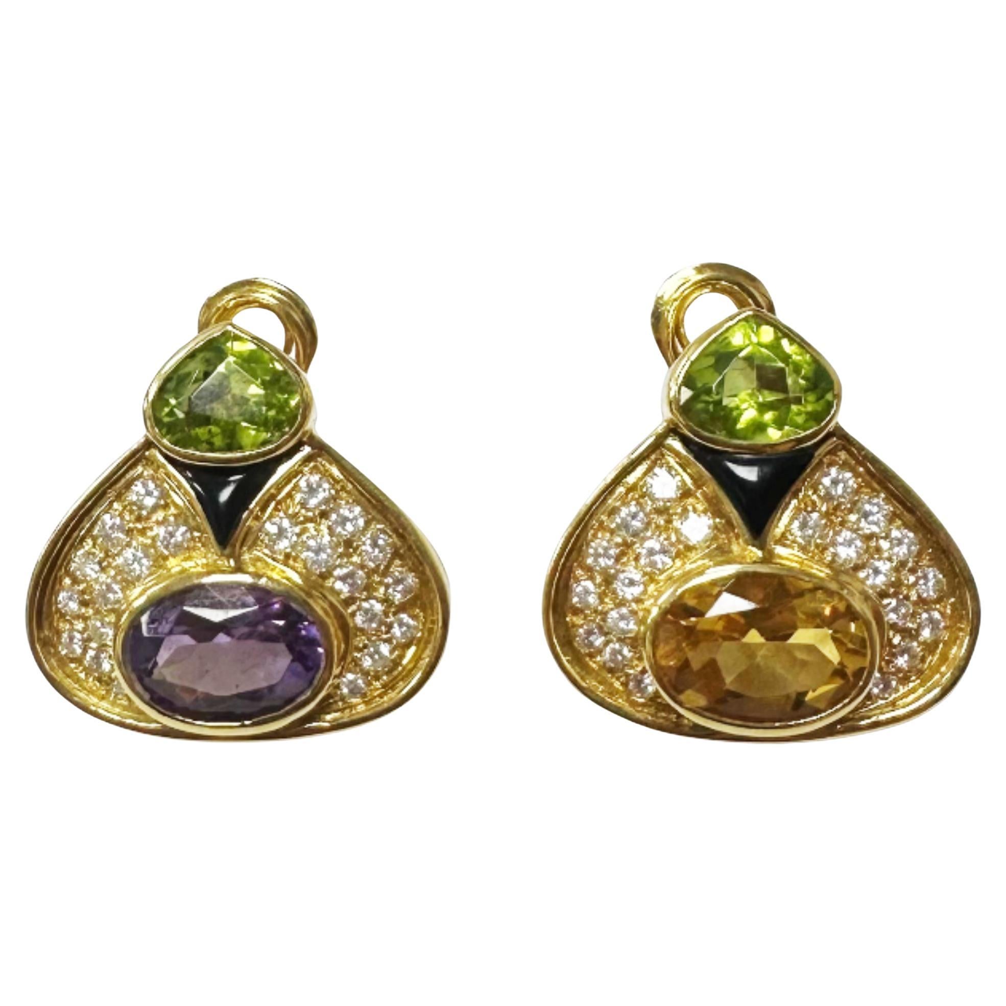 18k Estate Diamond, Onyx and Multi-Color Gemstone Earrings