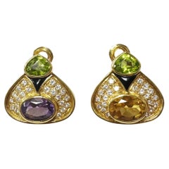 Vintage 18k Estate Diamond, Onyx and Multi-Color Gemstone Earrings