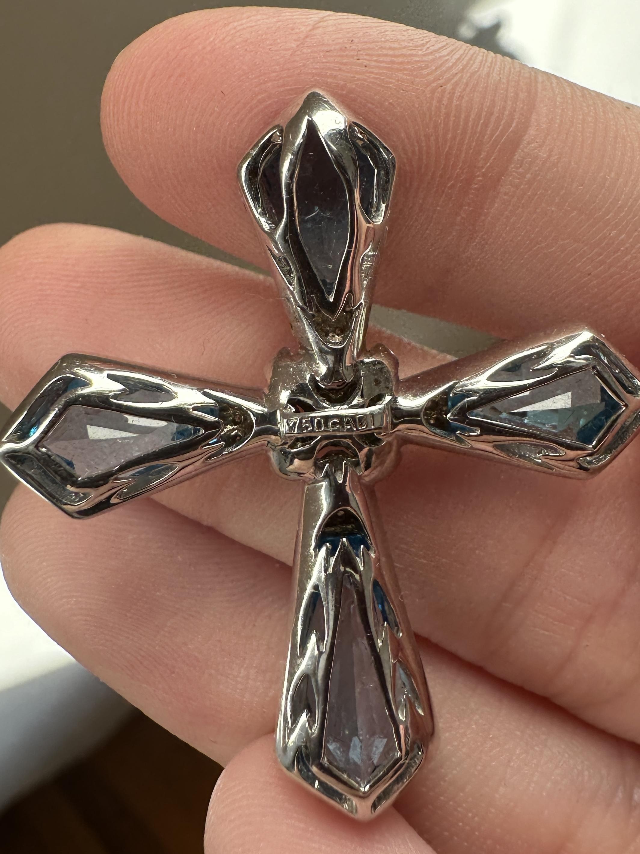 Round Cut 18k Estate Diamond, Sapphire, and London Blue Topaz Gadi Cross Pendant For Sale