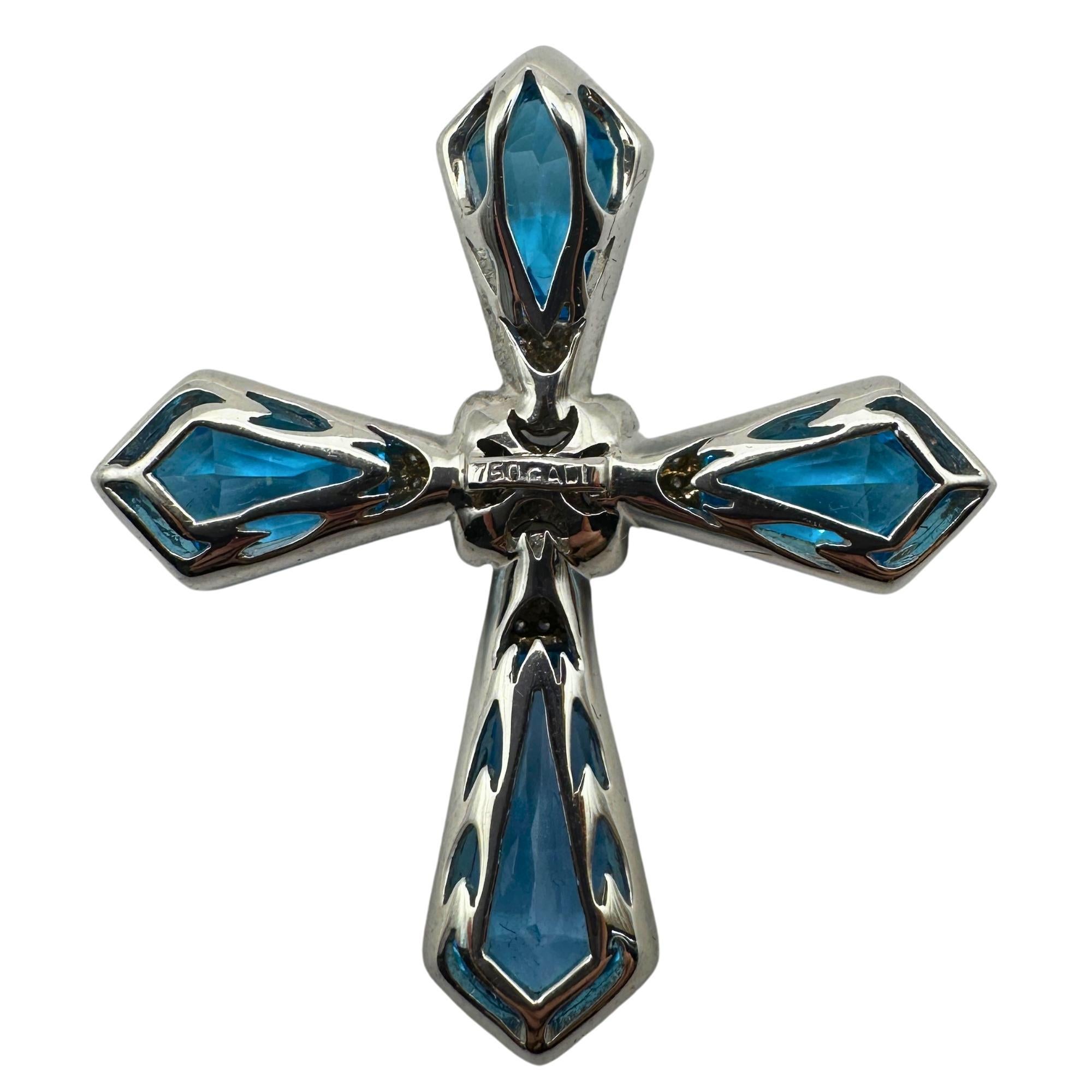 18k Estate Diamond, Sapphire, and London Blue Topaz Gadi Cross Pendant In Good Condition For Sale In New York, NY