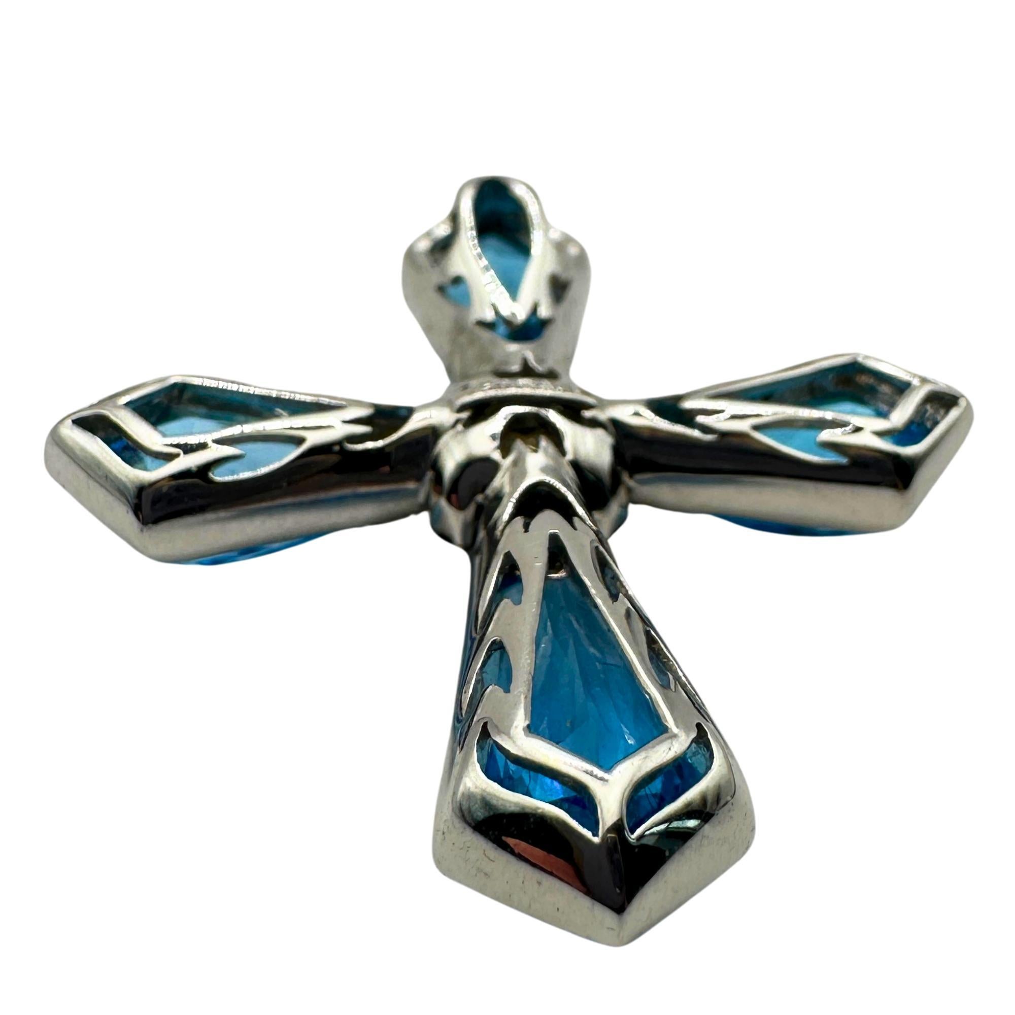 Round Cut 18k Estate Diamond, Sapphire, and London Blue Topaz Gadi Cross Pendant