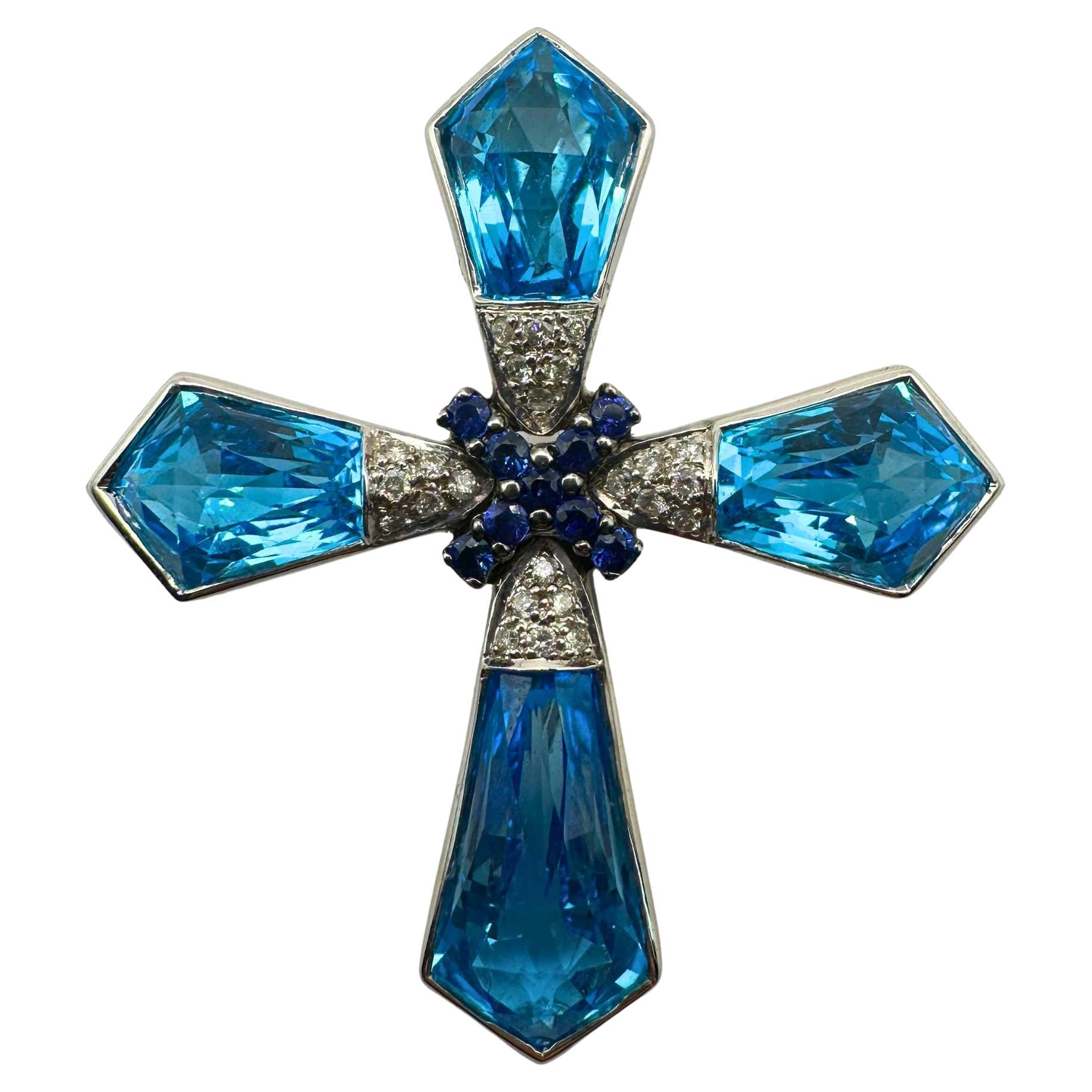 18k Estate Diamond, Sapphire, and London Blue Topaz Gadi Cross Pendant For Sale