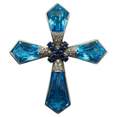 18k Estate Diamond, Sapphire, and London Blue Topaz Gadi Cross Pendant